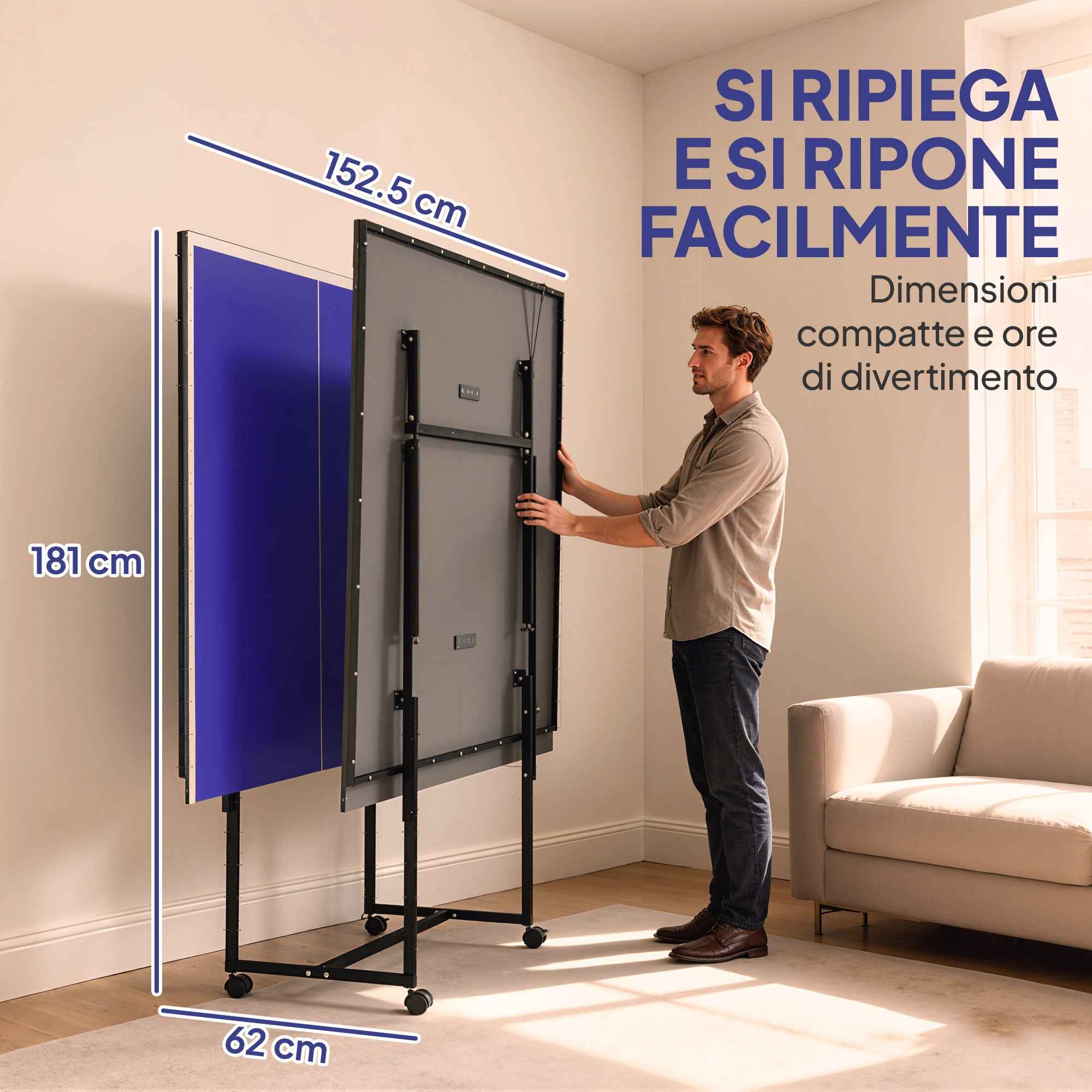 SPORTNOW Folding Indoor Ping Pong Table with Swivel Wheels, Net, Bats and Balls, Blue