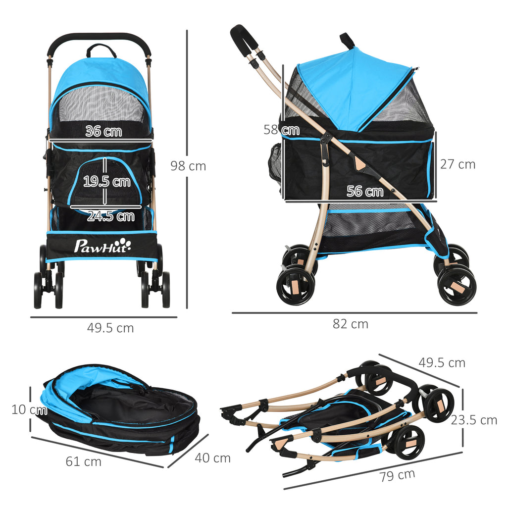 Convertible Dog Stroller with 2 Leashes and Cushion, in Steel and Polyester, 82x49.5x98 cm, Light Blue and Black