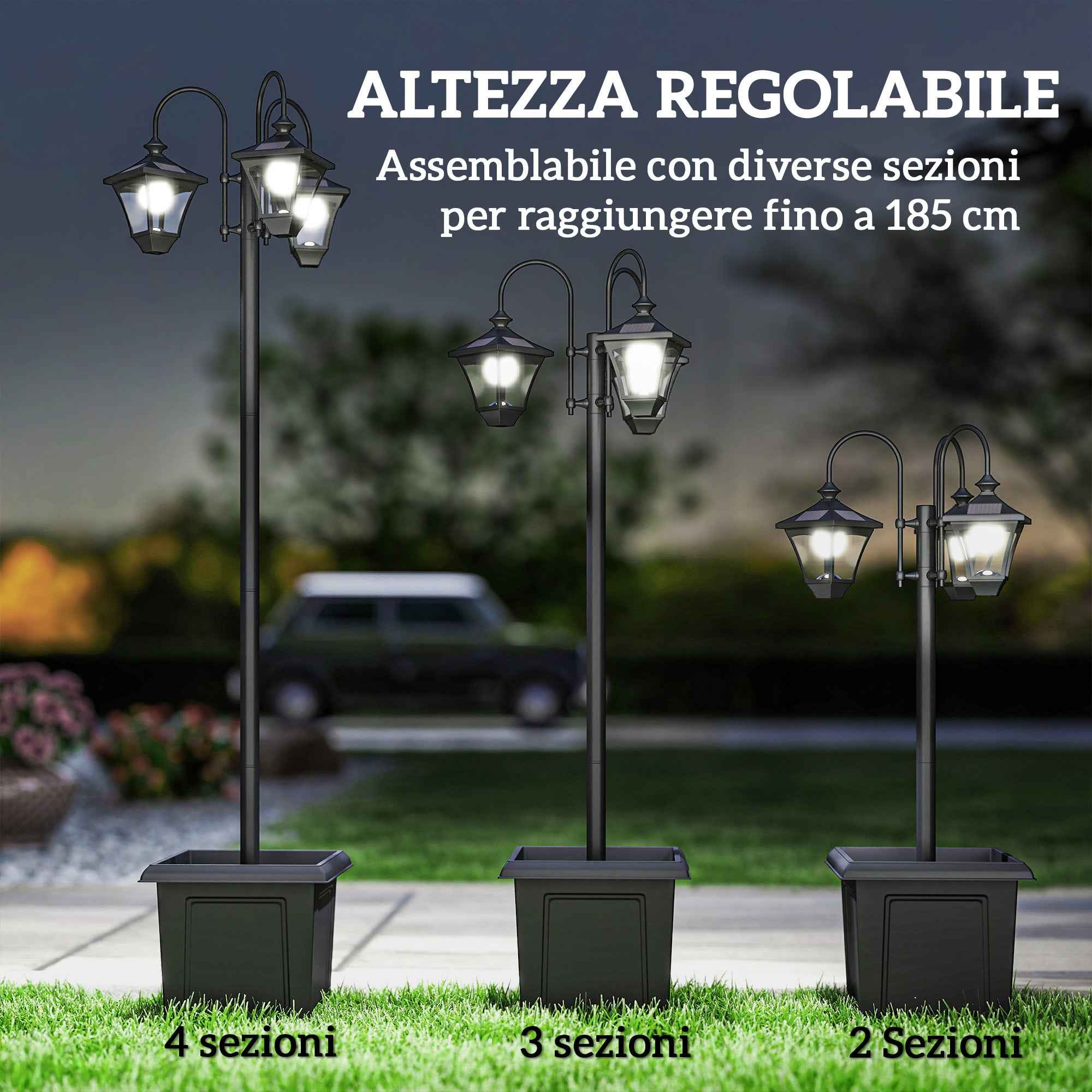 Outsunny 1.85m Stainless Steel Solar Garden Lamp with Adjustable Height, IP44 Waterproof