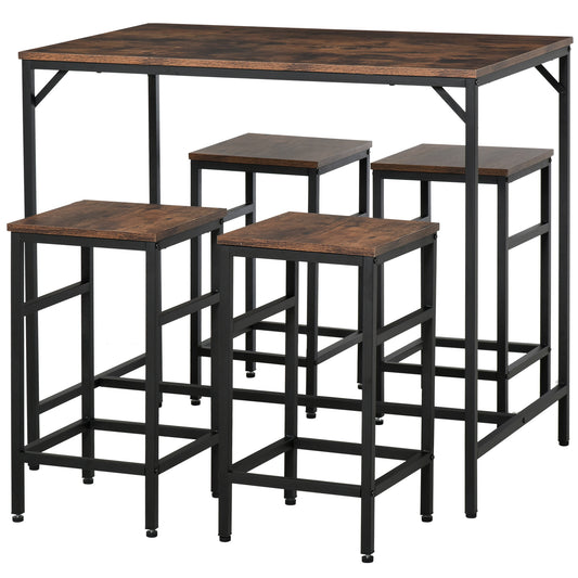 Industrial Style High Table Set with 4 Stools in Metal and Wood, Modern Living Room and Kitchen Furniture, Rustic Brown