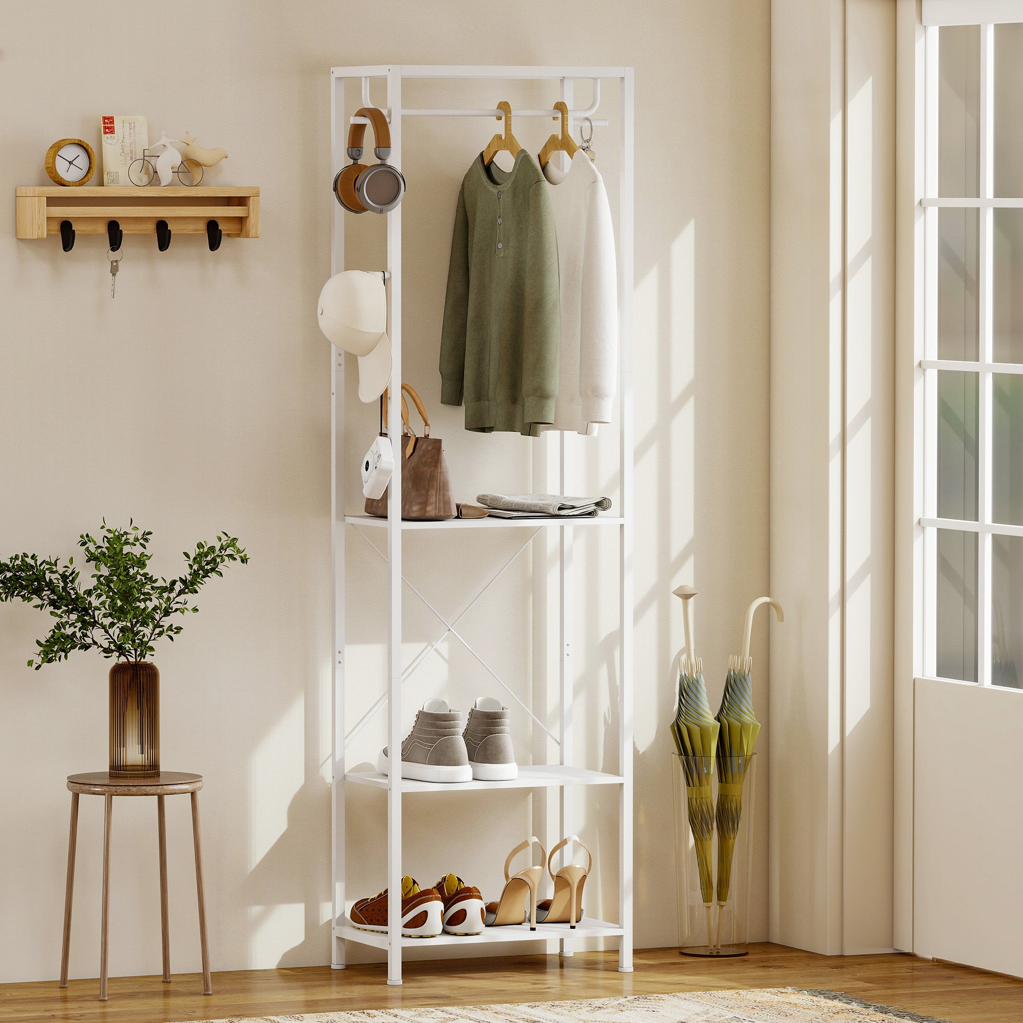 2-Tier Coat Rack with Shoe Rack, Clothes Rail, 4 Hooks, Top Shelf, 52x30x180 cm, White
