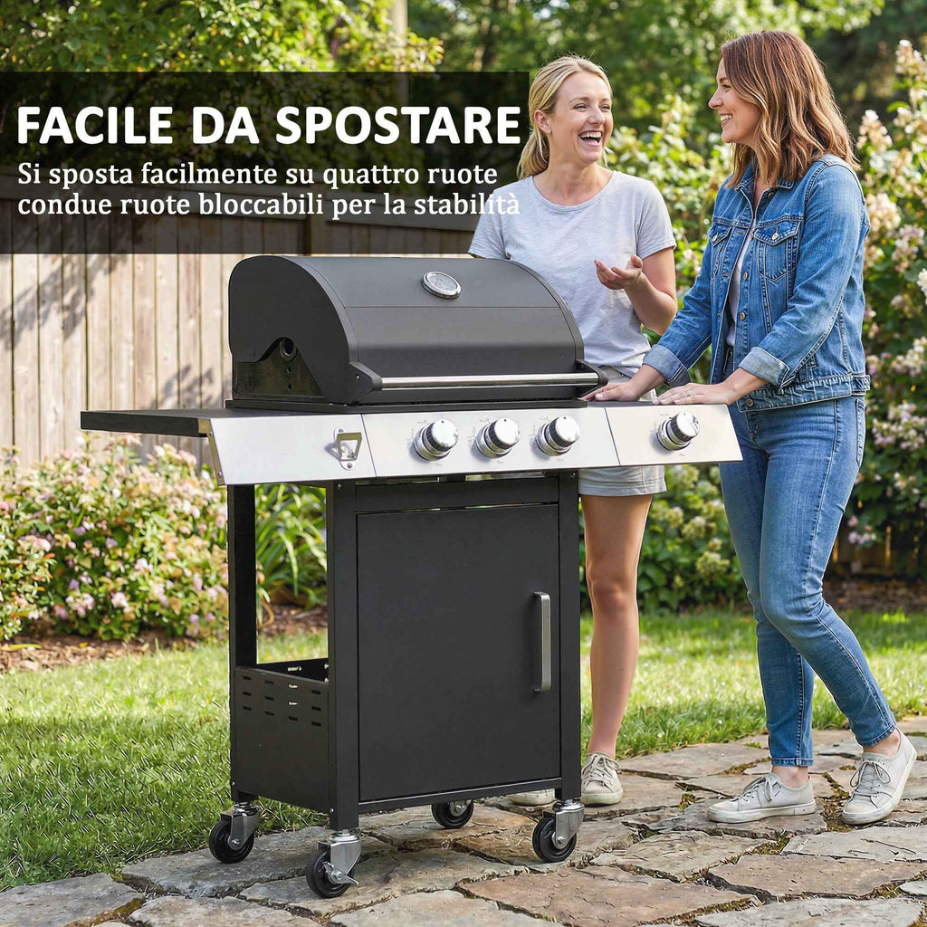 Outsunny Gas Barbecue with 3 Burners and Side Burner, 109x50x109 cm, Black