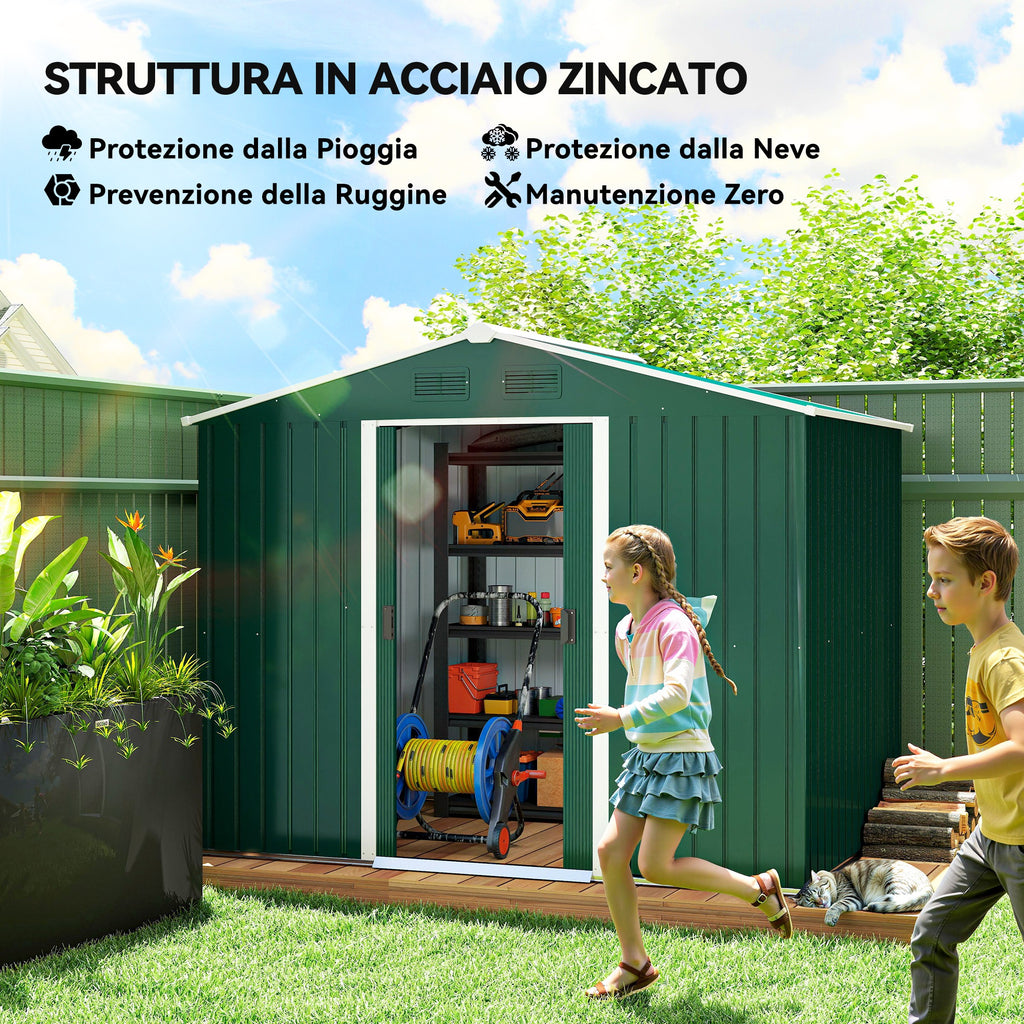 3.6m² Steel Sheet Garden Shed with 2 Sliding Doors and 4 Air Vents, 236x174x190cm, Green