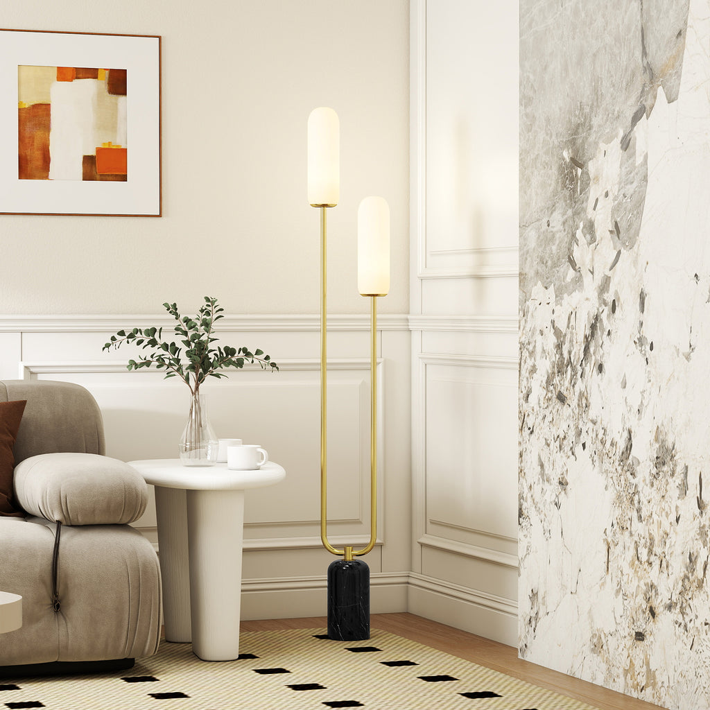 U-Shaped Floor Lamp with 2 Lights, Foot Switch and Marble Base, 26x12x150 cm, White, Black and Gold