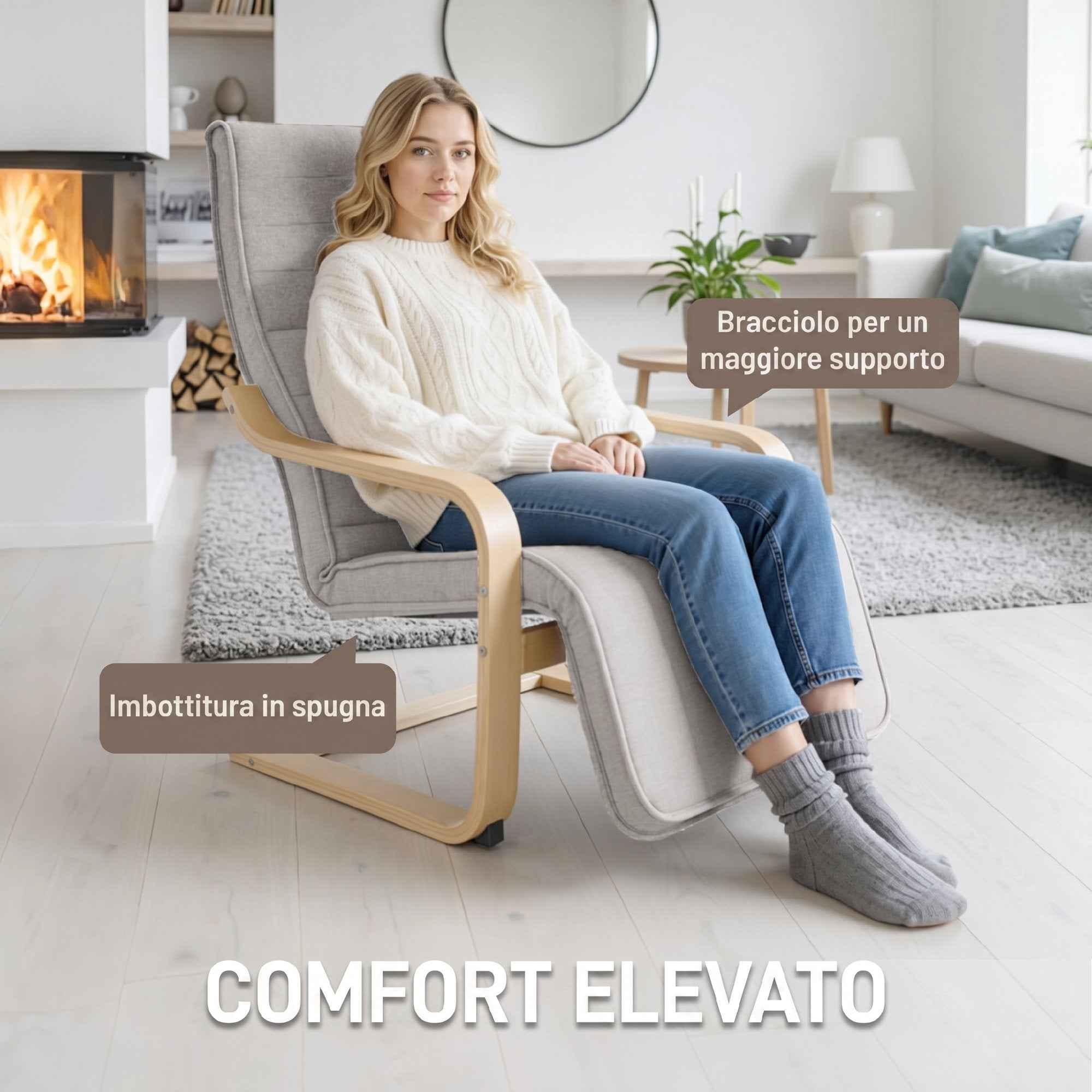 HOMCOM Birch Wood and Linen-Effect Fabric Bedroom Armchair with Adjustable Footrest, Light Grey