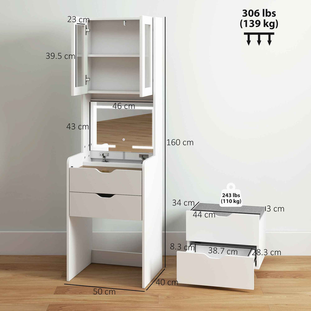 HOMCOM Makeup Vanity Table with Illuminated Mirror and Stool, Adjustable Light, Drawers and Cabinet, White