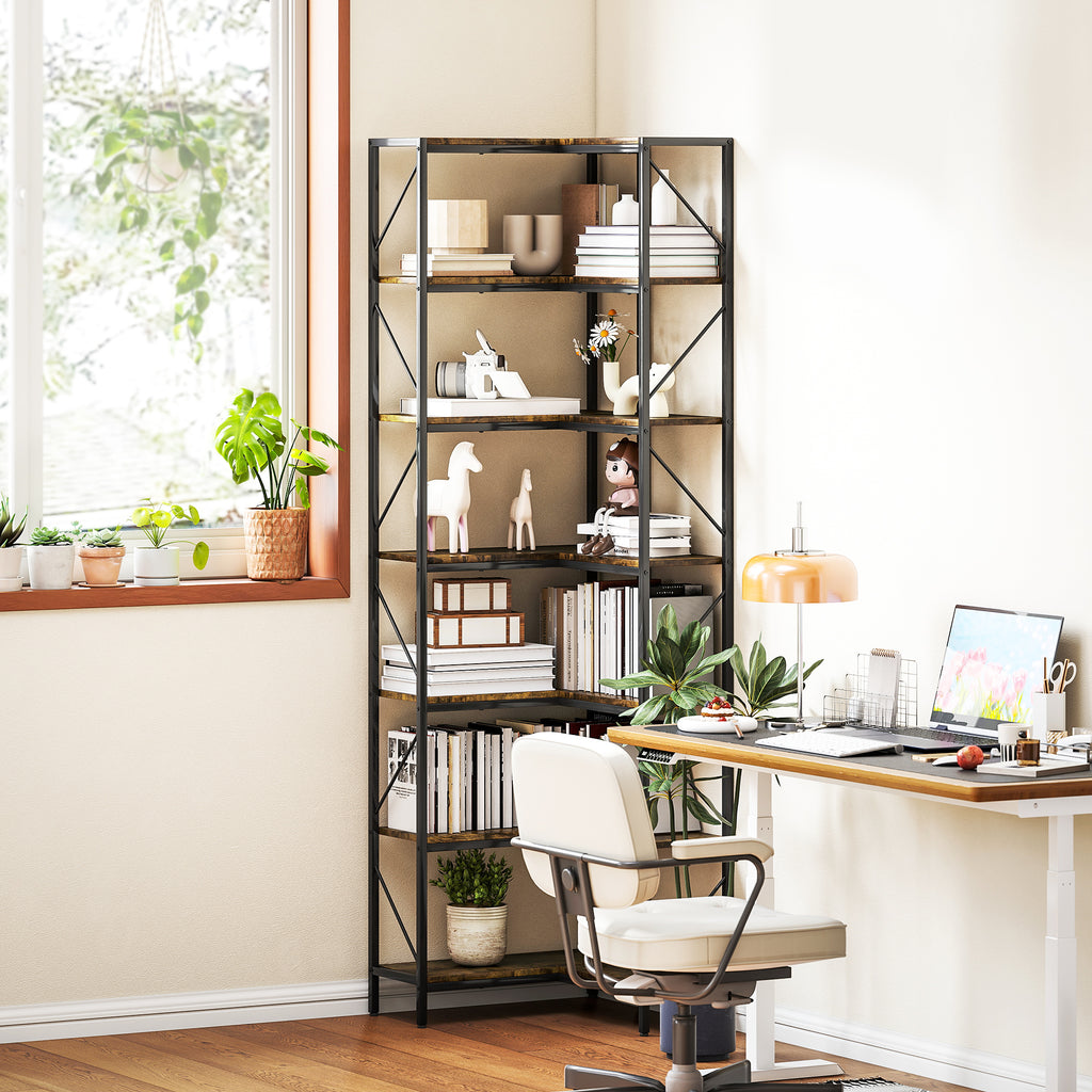 7-Tier Industrial Corner Bookcase, Wood and Steel, 60x60x198 cm, Rustic Brown