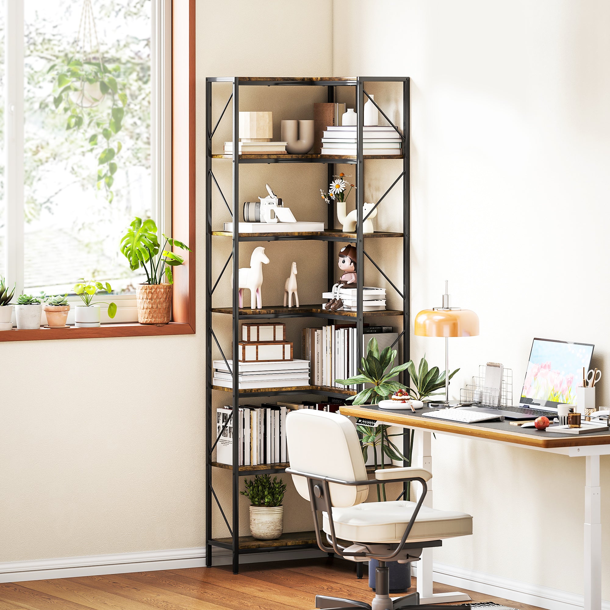 7-Tier Industrial Corner Bookcase, Wood and Steel, 60x60x198 cm, Rustic Brown