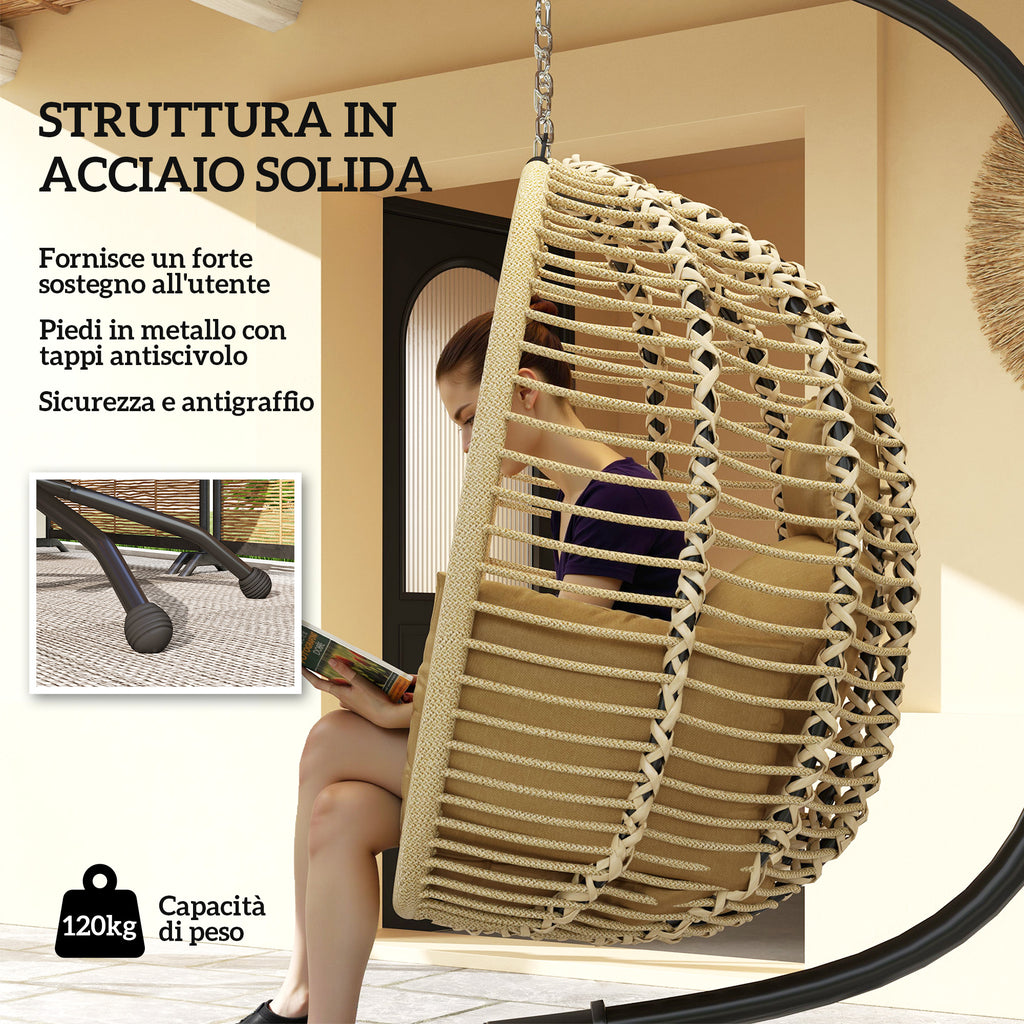 Outsunny Hanging Chair with Padded Cushion, Folding Seat and Steel and Rope Frame, Beige