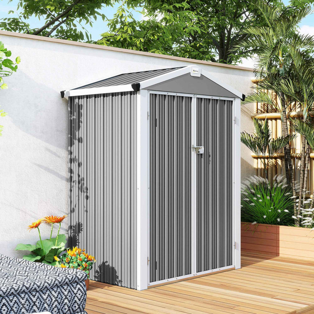 Outsunny 1.1m² Steel Garden Shed with Lockable Double Doors, 133x87x178cm, Silver Grey