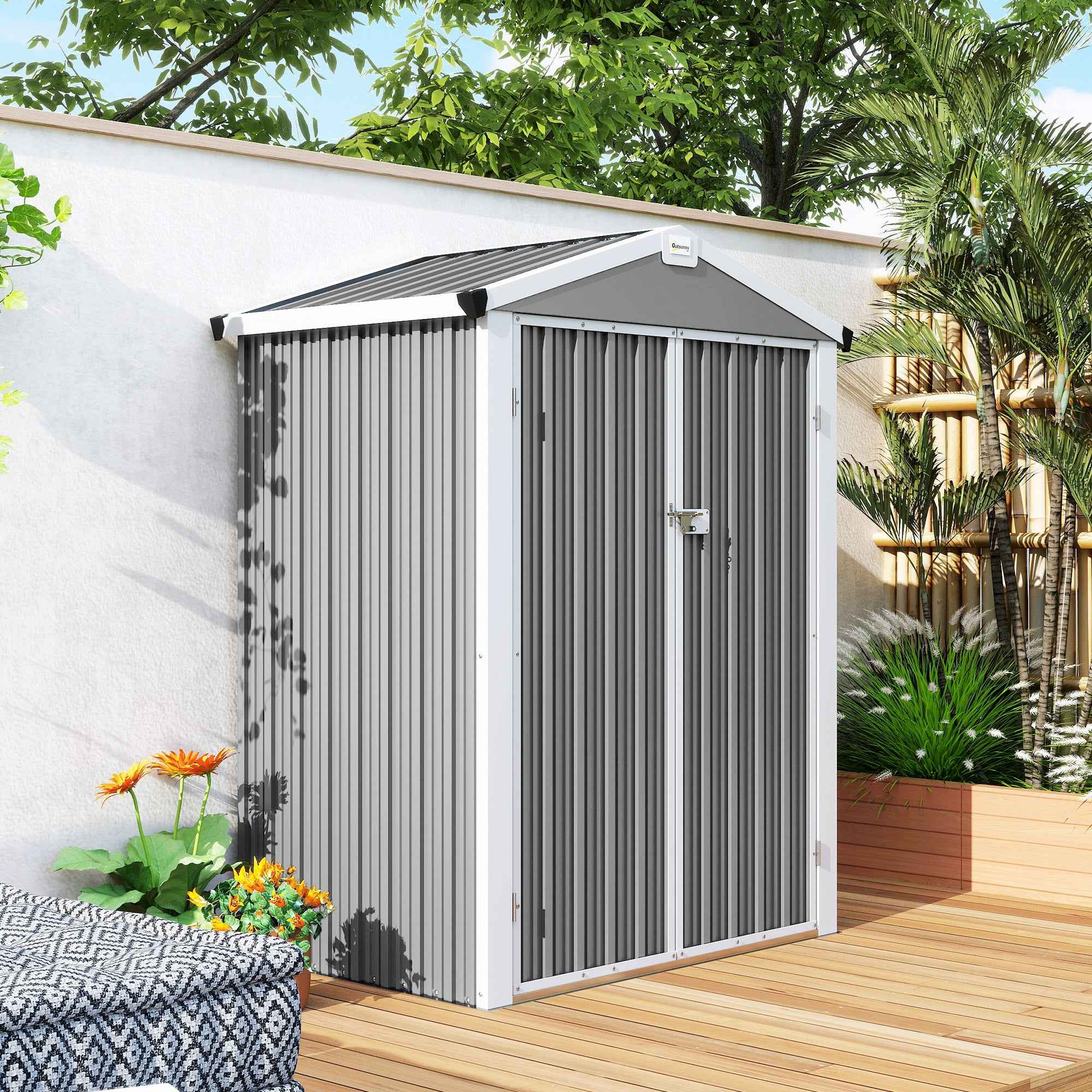 Outsunny 1.1m² Steel Garden Shed with Lockable Double Doors, 133x87x178cm, Silver Grey
