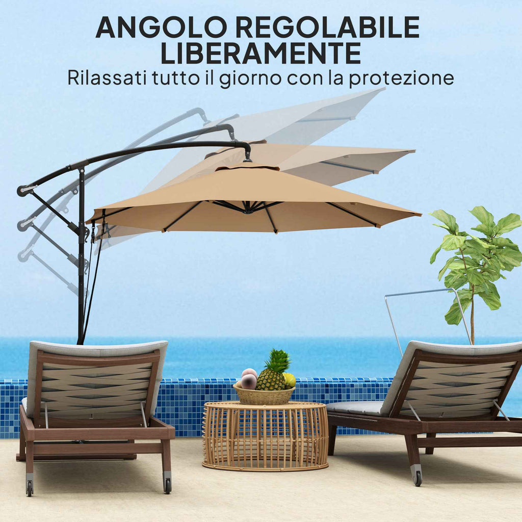 Outsunny 3m Off-Center Umbrella with Air Vents, Cross Base and Crank Handle, in Metal and Polyester, Khaki
