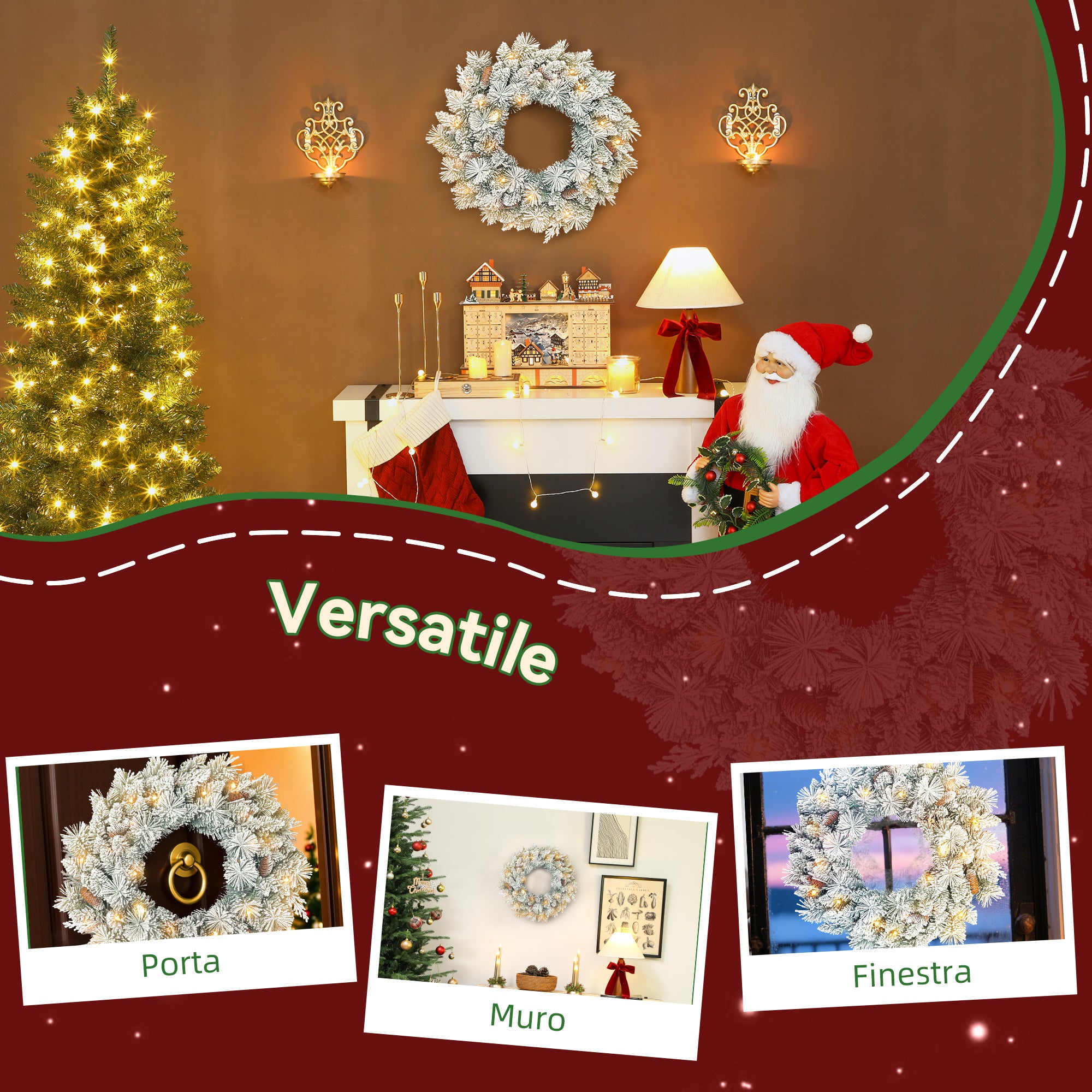 60cm Snow-Covered Christmas Wreath, 35 LED Lights with Timer and Decorative Pine Cones