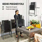 7 Piece Garden Set with 6 Folding Chairs and Extendable Table, in Steel, Aluminum and Mesh Grey and Black