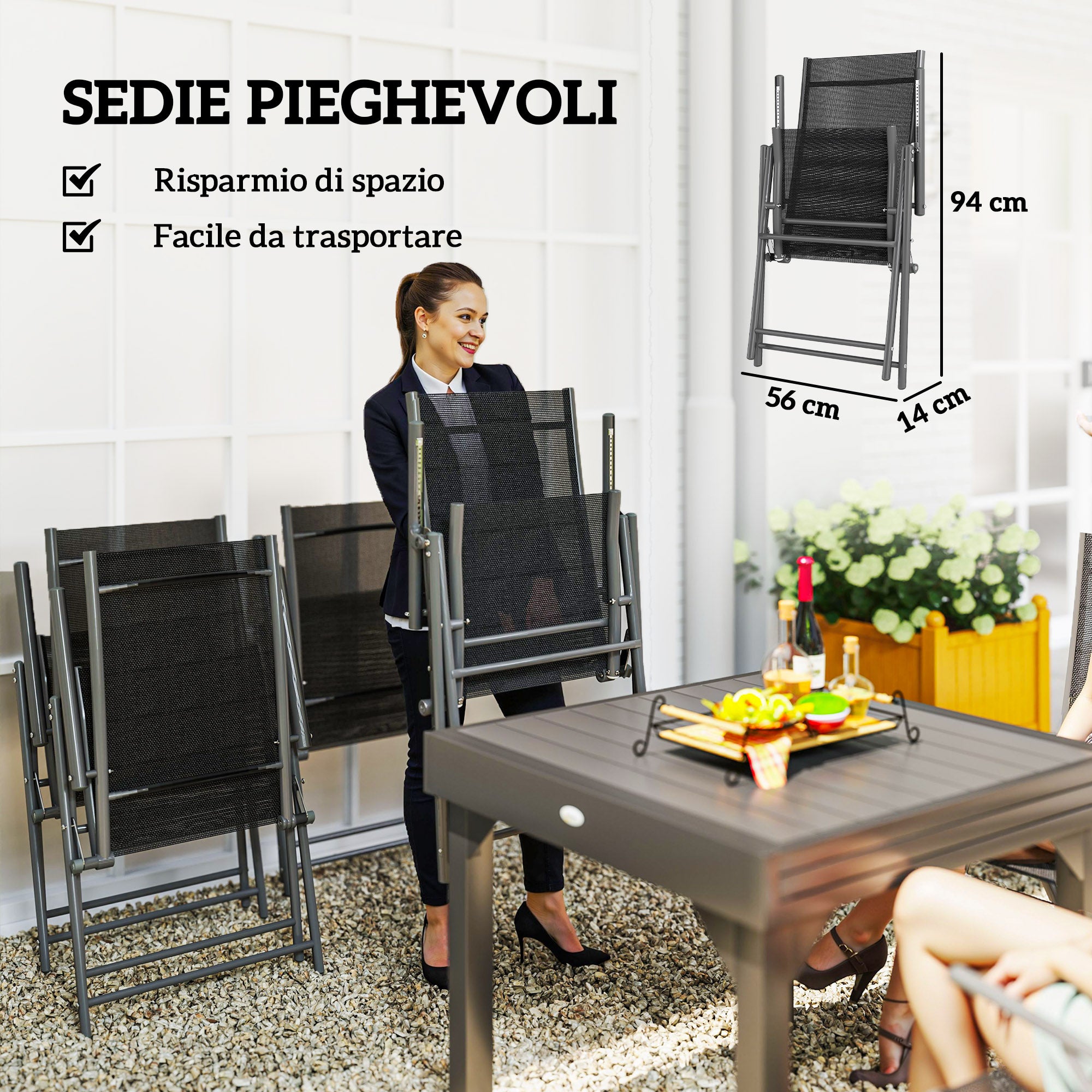 7 Piece Garden Set with 6 Folding Chairs and Extendable Table, in Steel, Aluminum and Mesh Grey and Black