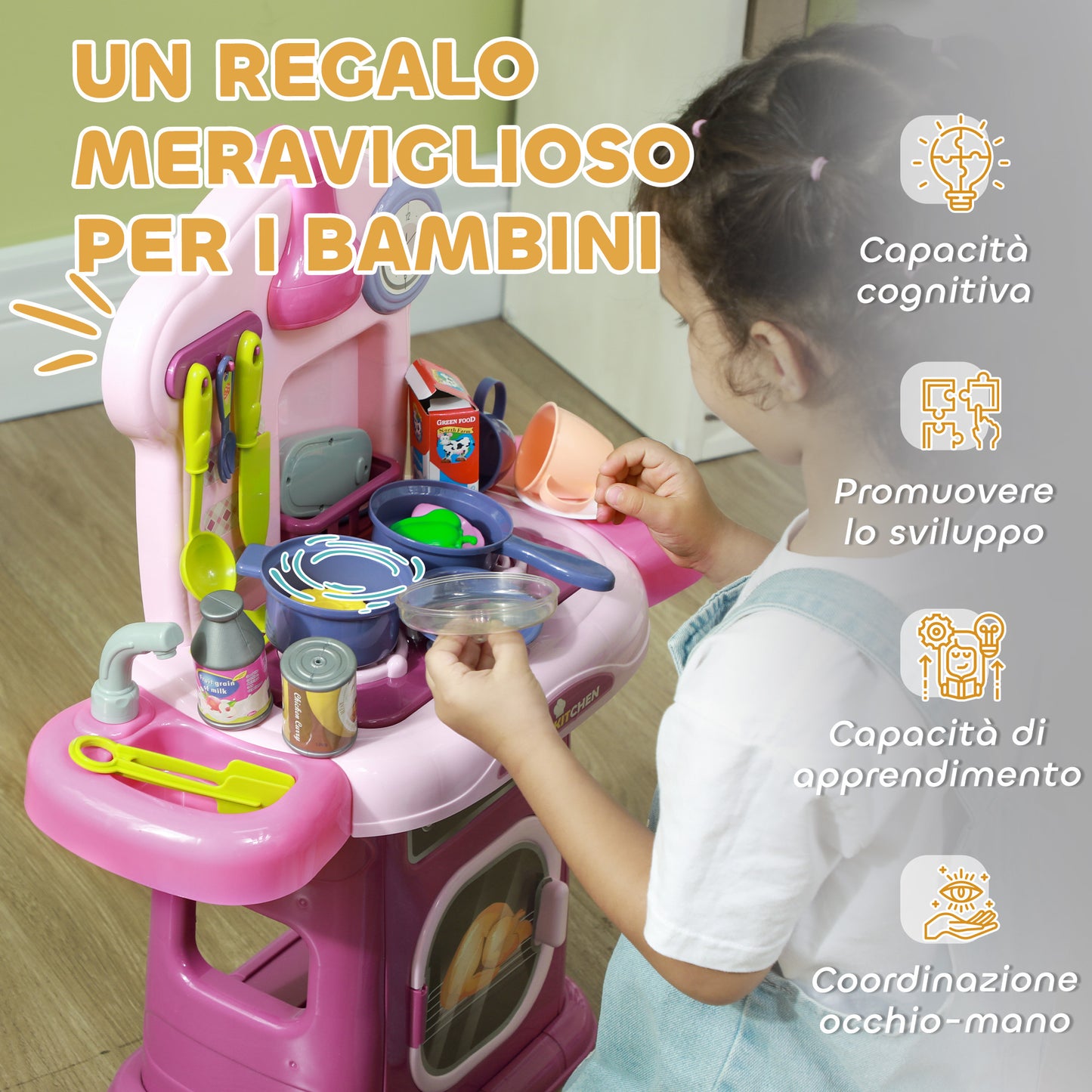 Toy Kitchen for Children 3-6 Years with 38 Accessories and Realistic Sounds, in PP and ABS, 51x21x60 cm, Pink