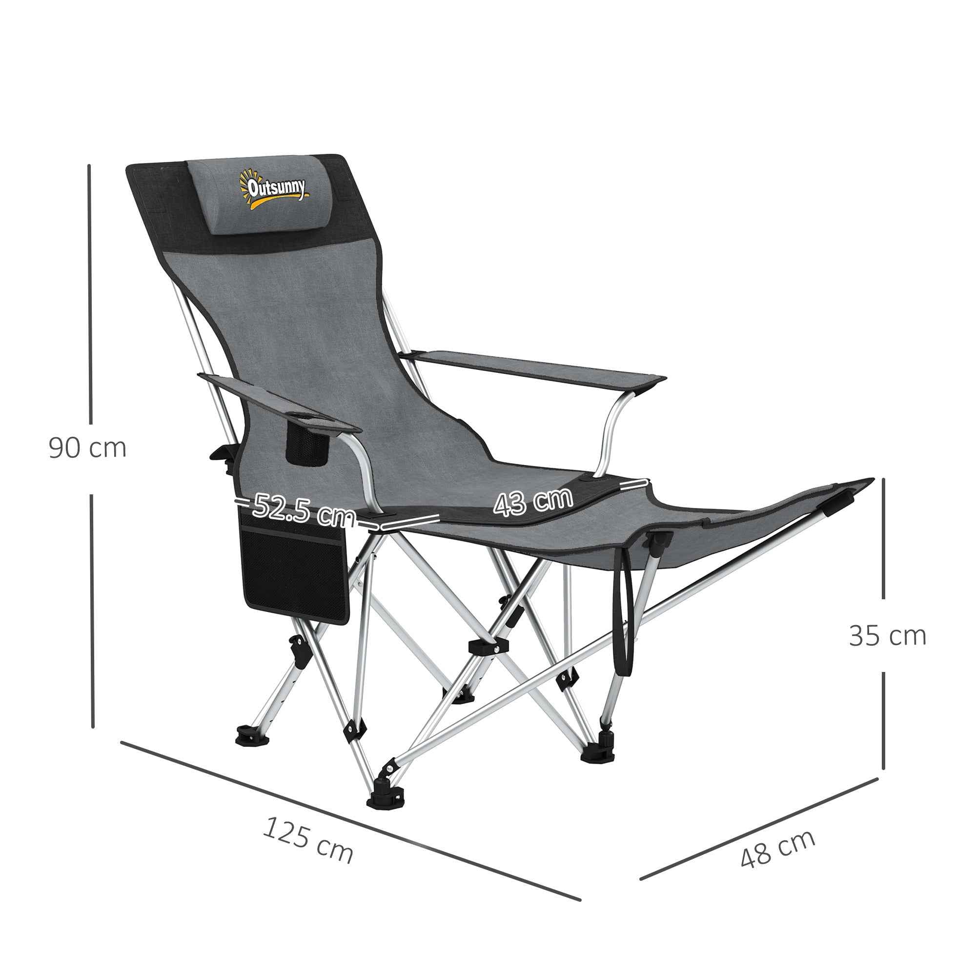 Outsunny Set of 2 Folding Camping Chairs with Footrest and Cup Holder, 82x50/100x88 cm, Grey