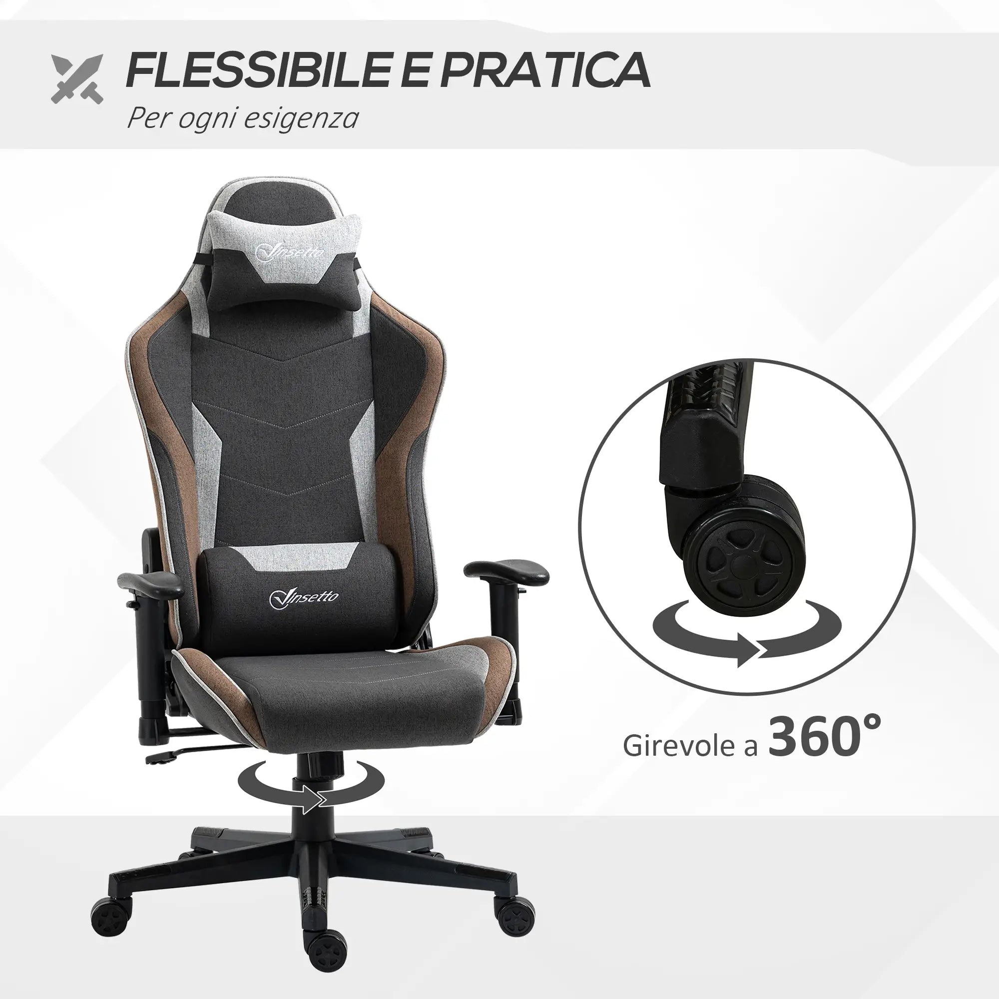 150° Reclining Gaming Chair with Rocking Function, Headrest and Lumbar Cushion, Grey