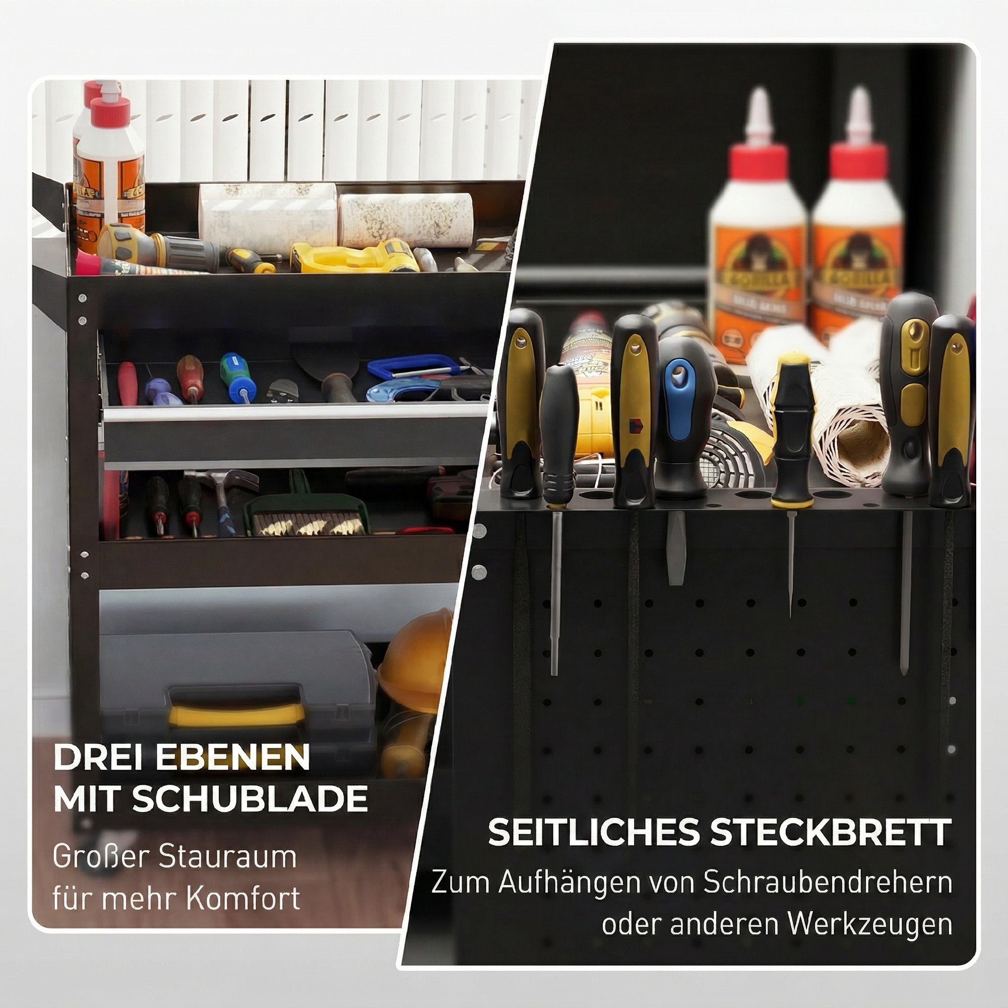 DURHAND 3-Tier Steel Trolley with Drawer, Side Tool Holder and Handle, Black
