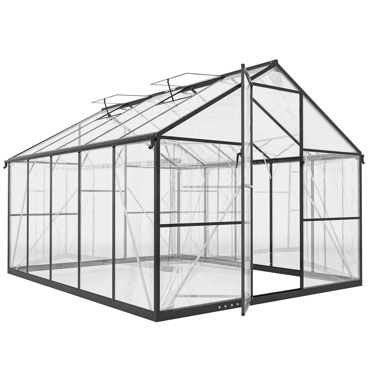 Outsunny PC and Aluminum Vegetable Garden Greenhouse with Hinged Door and 2 Adjustable Windows, 304x247x205 cm, Black
