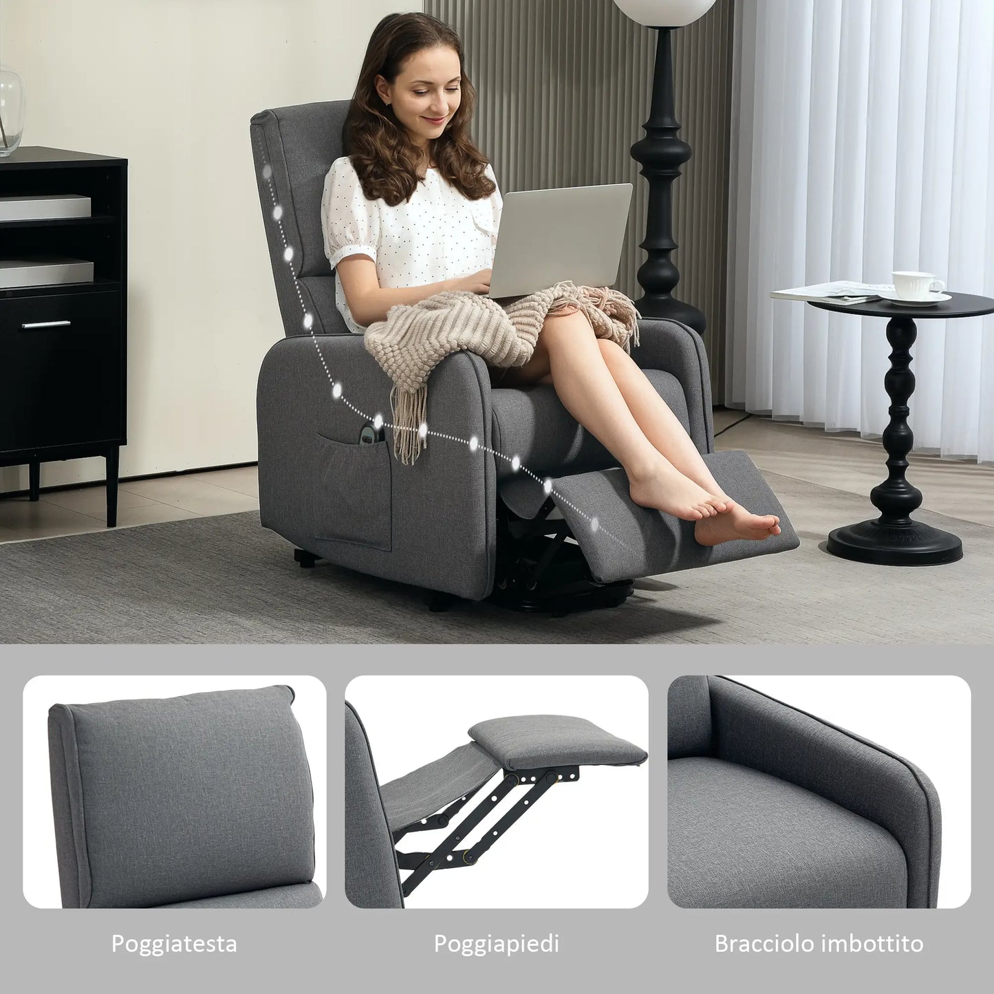 Electric Lift Recliner Chair with Remote Control and Fabric Pocket, Charcoal Grey