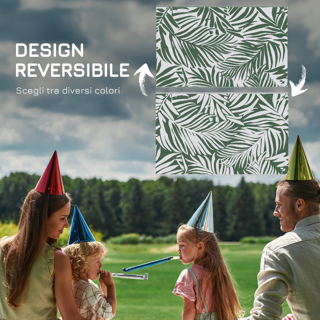 Reversible Outdoor Balcony and Terrace Rug with Leaf Pattern, 152x243 cm, Green and White
