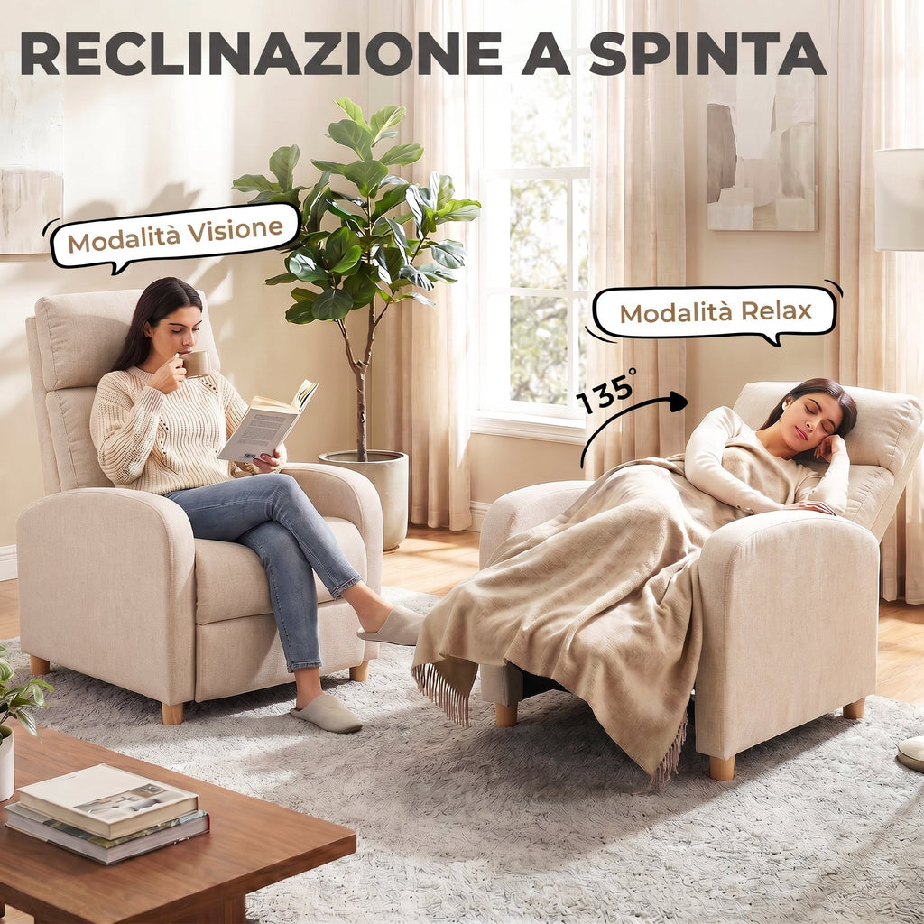 HOMCOM 135° Manually Reclining Relaxing Chair with Fabric Footrest, Beige