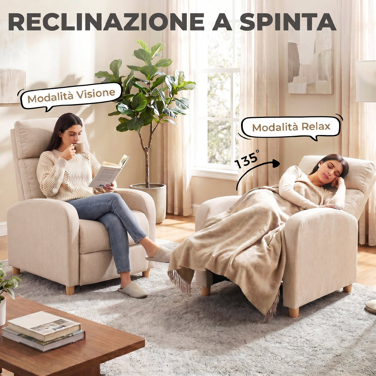 HOMCOM 135° Manually Reclining Relaxing Chair with Fabric Footrest, Beige