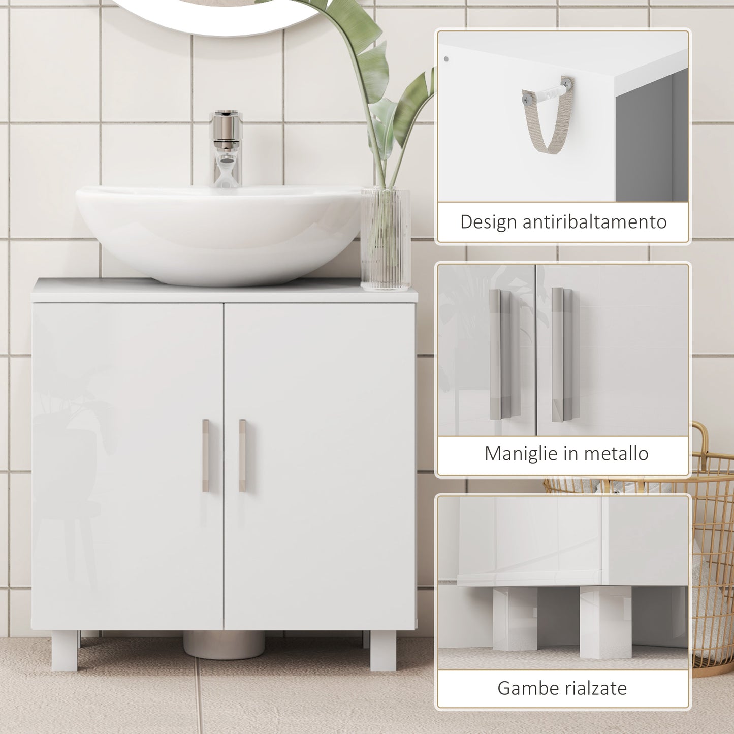 Bathroom Under-Vanity Unit with 2 Doors with Middle Shelf, MDF, 60x35x60 cm, White