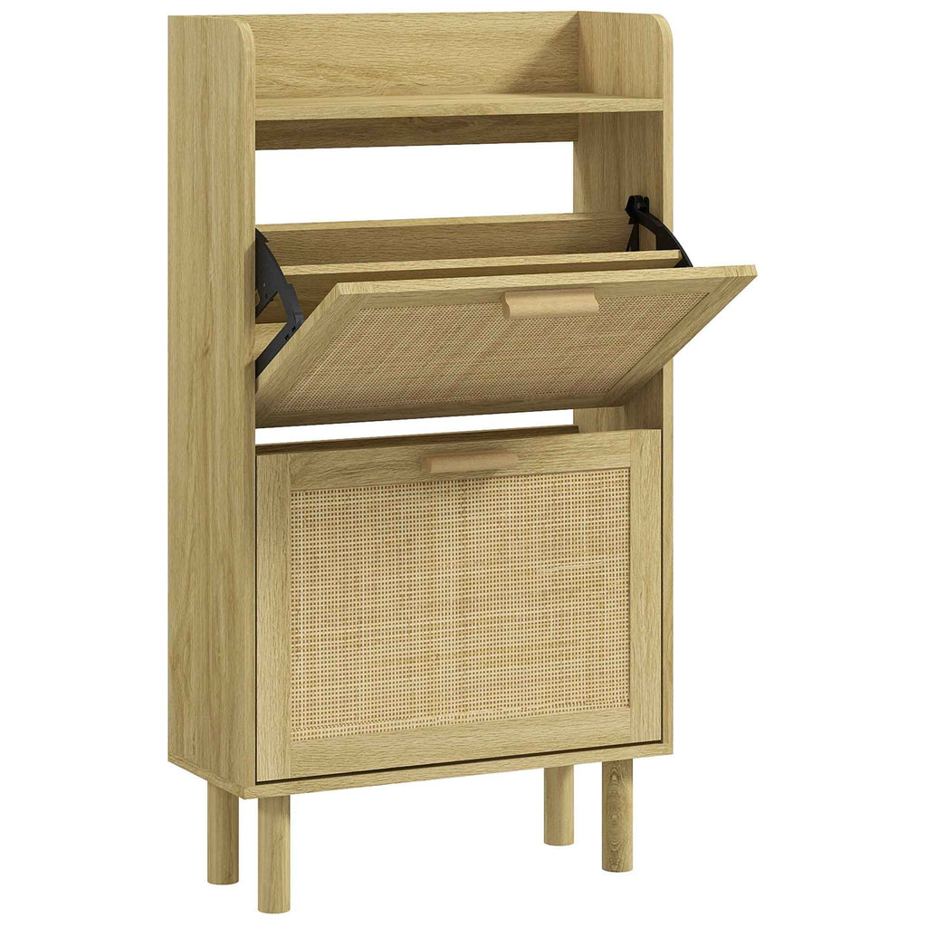 HOMCOM Narrow Entryway Shoe Rack with 2 Folding Drawers, Adjustable Shelves and Top, Oak