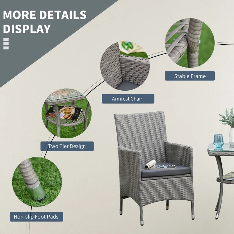 3-Piece Outdoor Garden Set in PE Rattan and Steel, Set of 2 Chairs with Washable Cushions, Armrests, Coffee Table with Glass Top, Garden Lounge for Balcony Patio Backyard, Grey - Borge' Group Limited