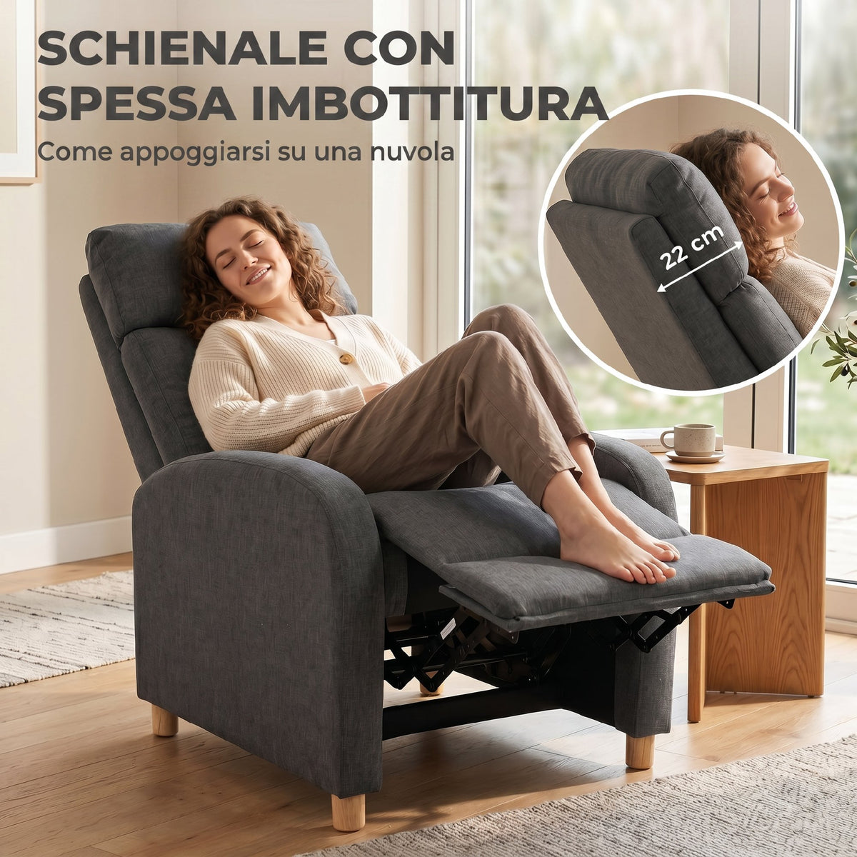 HOMCOM 135° Manual Reclining Relaxing Chair with Fabric Footrest, Dark Grey