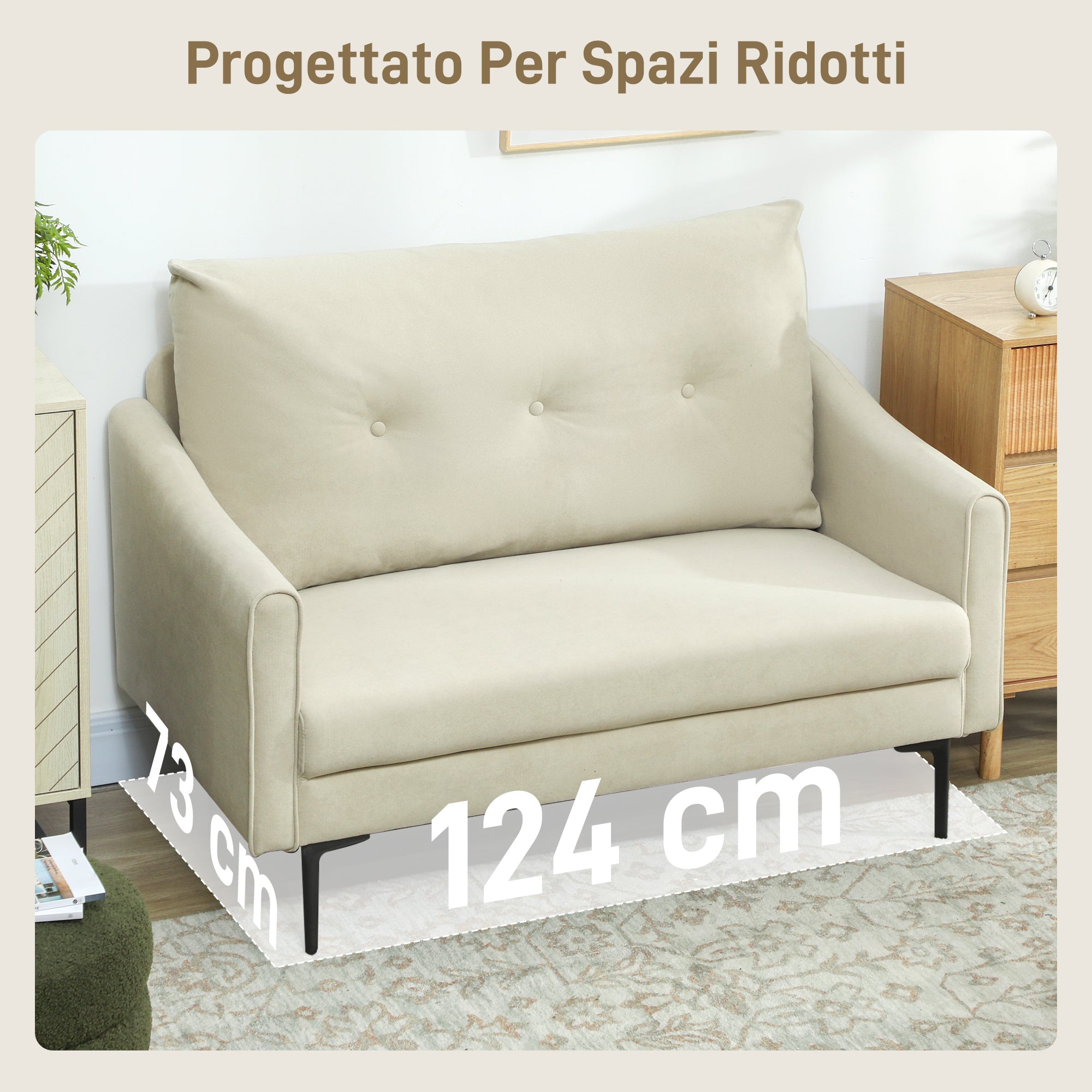 2-Seater Modern Sofa with Quilted Backrest and Velvet Upholstery, 124x73x92 cm, Cream