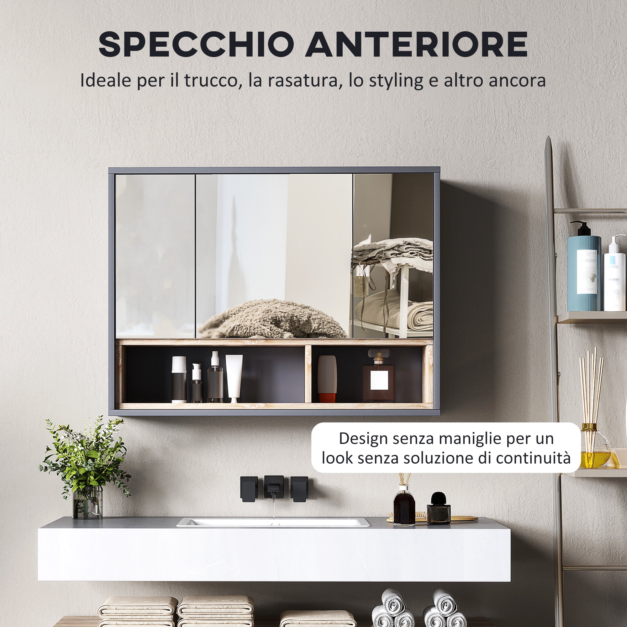 Bathroom Mirror 3-Door with 8-Compartment Cabinet and Soft-Cushioned Doors, 80x20x60 cm, Grey