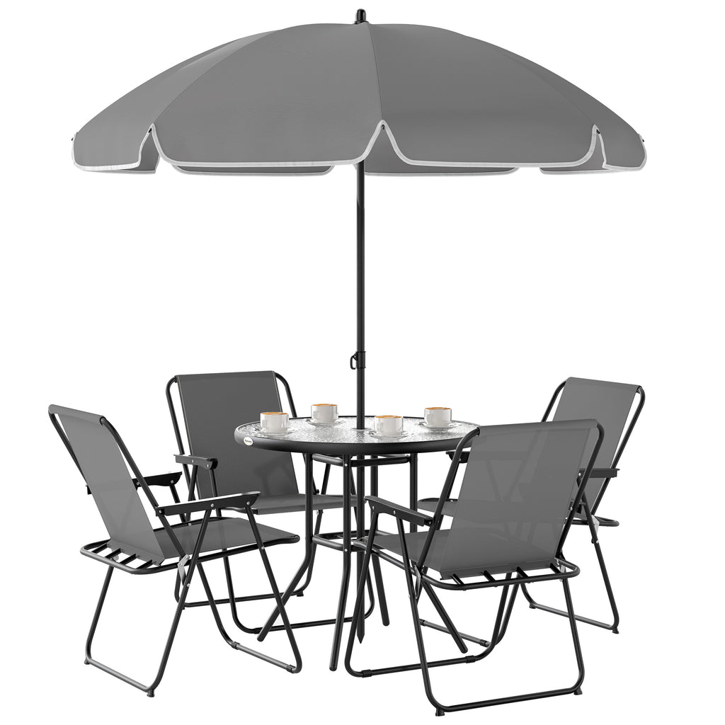 6 Piece Steel Garden Set with 4 Folding Chairs, Umbrella and Round Table, Grey and Black