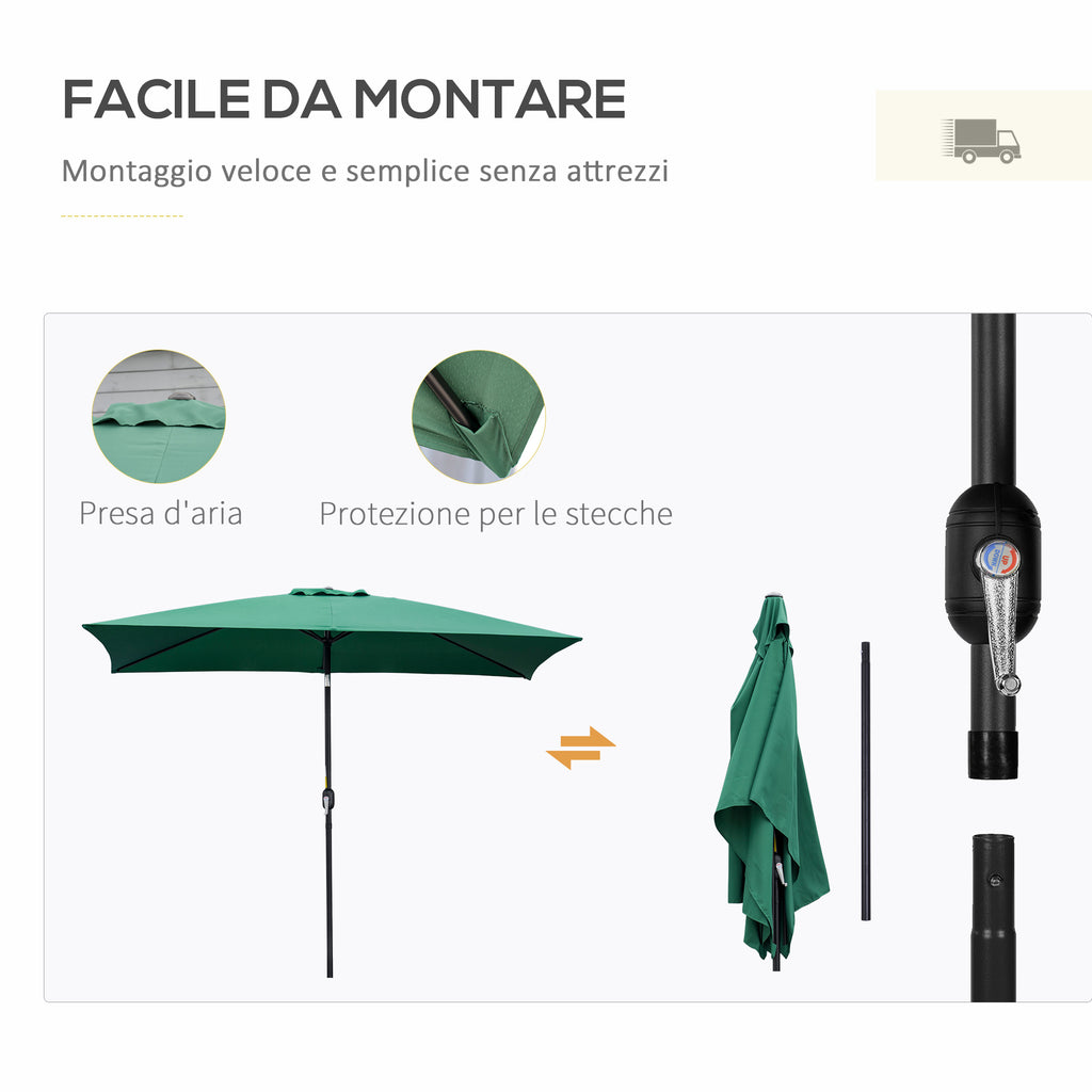 Rectangular Umbrella 2x3 m Foldable and Adjustable with Crank, in Aluminum and Polyester, Green and Black