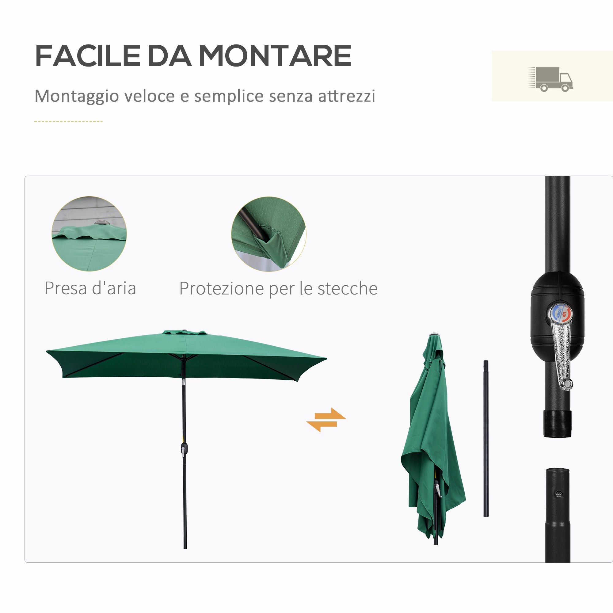 Rectangular Umbrella 2x3 m Foldable and Adjustable with Crank, in Aluminum and Polyester, Green and Black