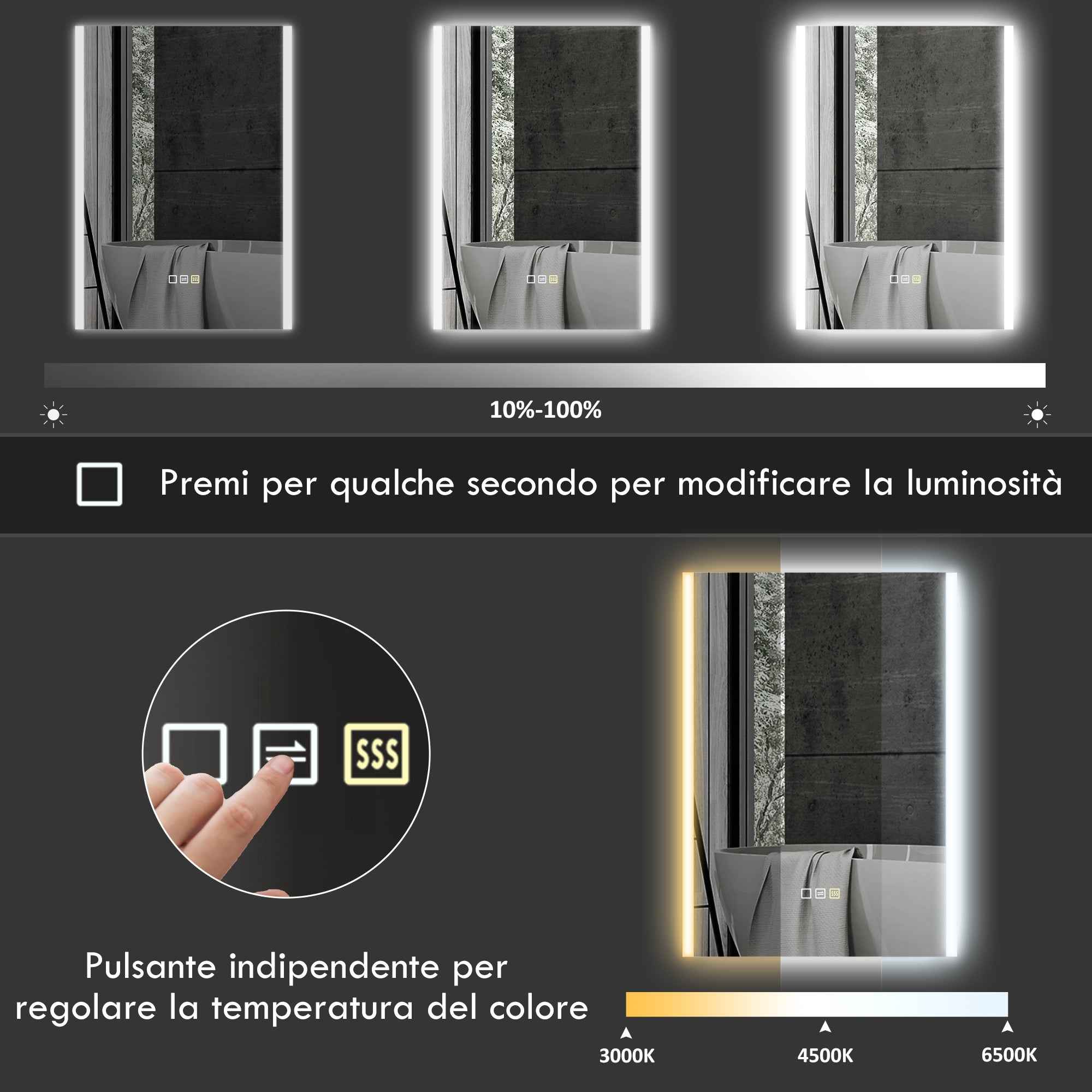 HOMCOM Bathroom Mirror with 3-Color LED Light and Memory Function, Tempered Glass, 70x50x3 cm, Silver