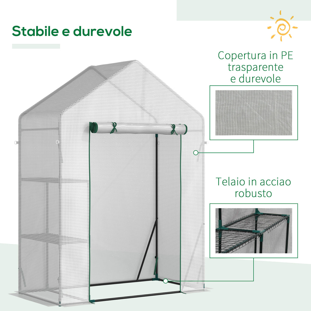 Outsunny Outdoor Garden Greenhouse in PE and Steel with 2 Shelves and Roll-Up Door, 143x73x195 cm, White