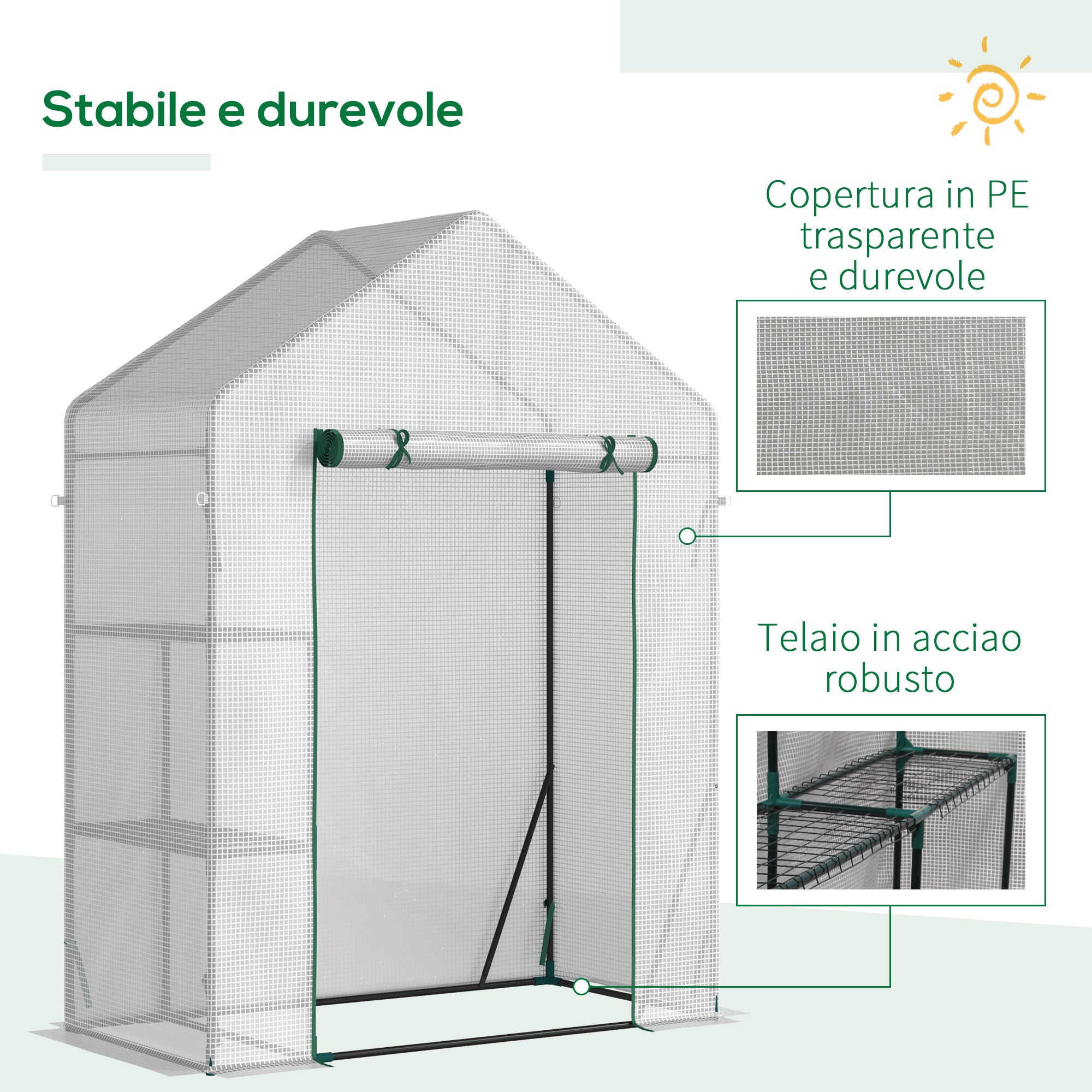 Outsunny Outdoor Garden Greenhouse in PE and Steel with 2 Shelves and Roll-Up Door, 143x73x195 cm, White
