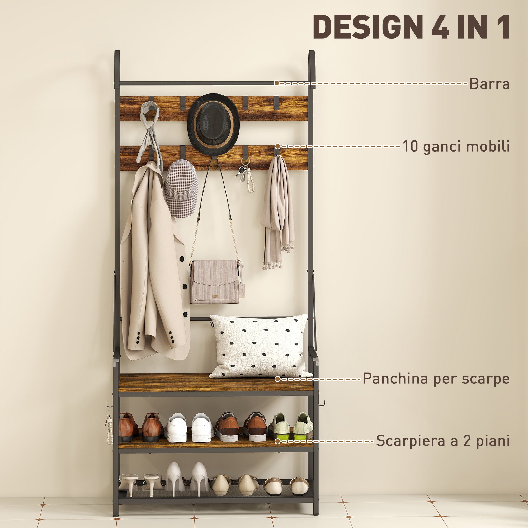 Hallway Coat Rack with 10 Hooks, Bench and Shoe Rack, Wood and Metal, 80x40x182 cm, Brown and Black