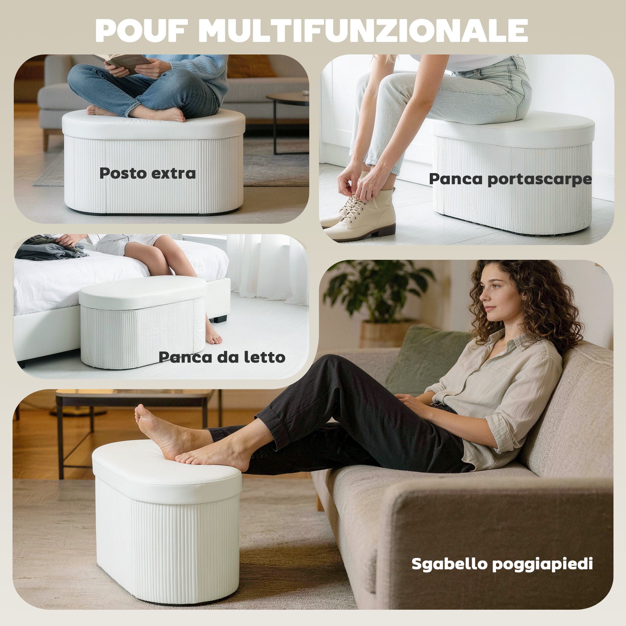 HOMCOM Foldable Storage Ottoman with 72L Compartment and Velvet Upholstery, 76x38x35 cm, Cream