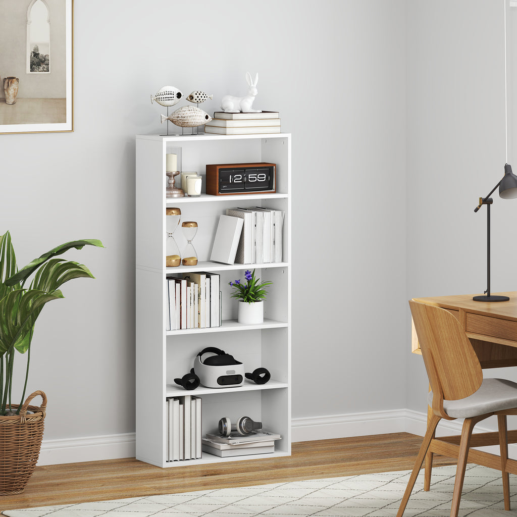 5-Shelf Bookcase Cabinet with 3 Flexible Shelves, in Wood, 60x24x133.5 cm, White