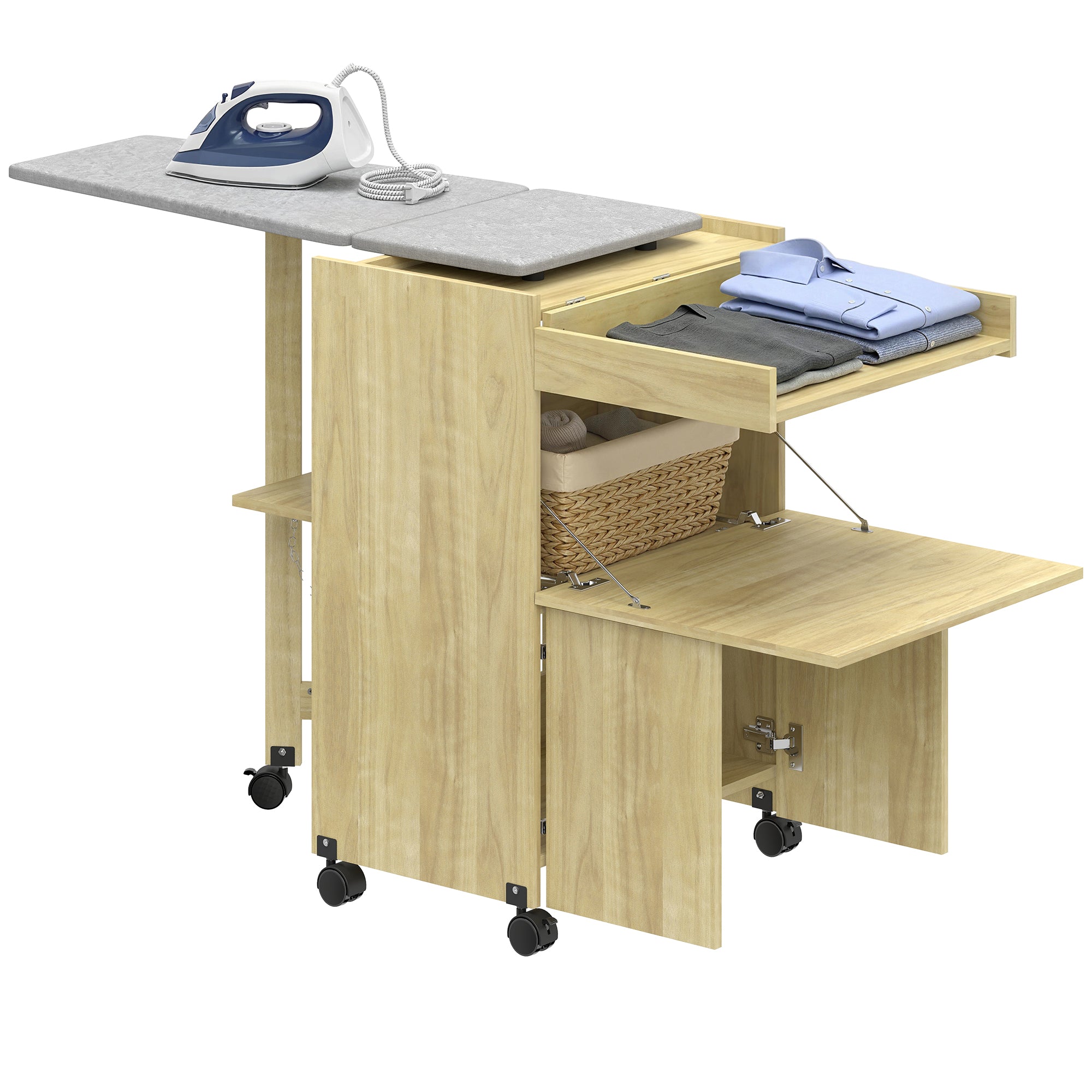 HOMCOM Folding Ironing Board with Iron and Garment Holder with Open Compartment, 154x55x87 cm, Natural Wood