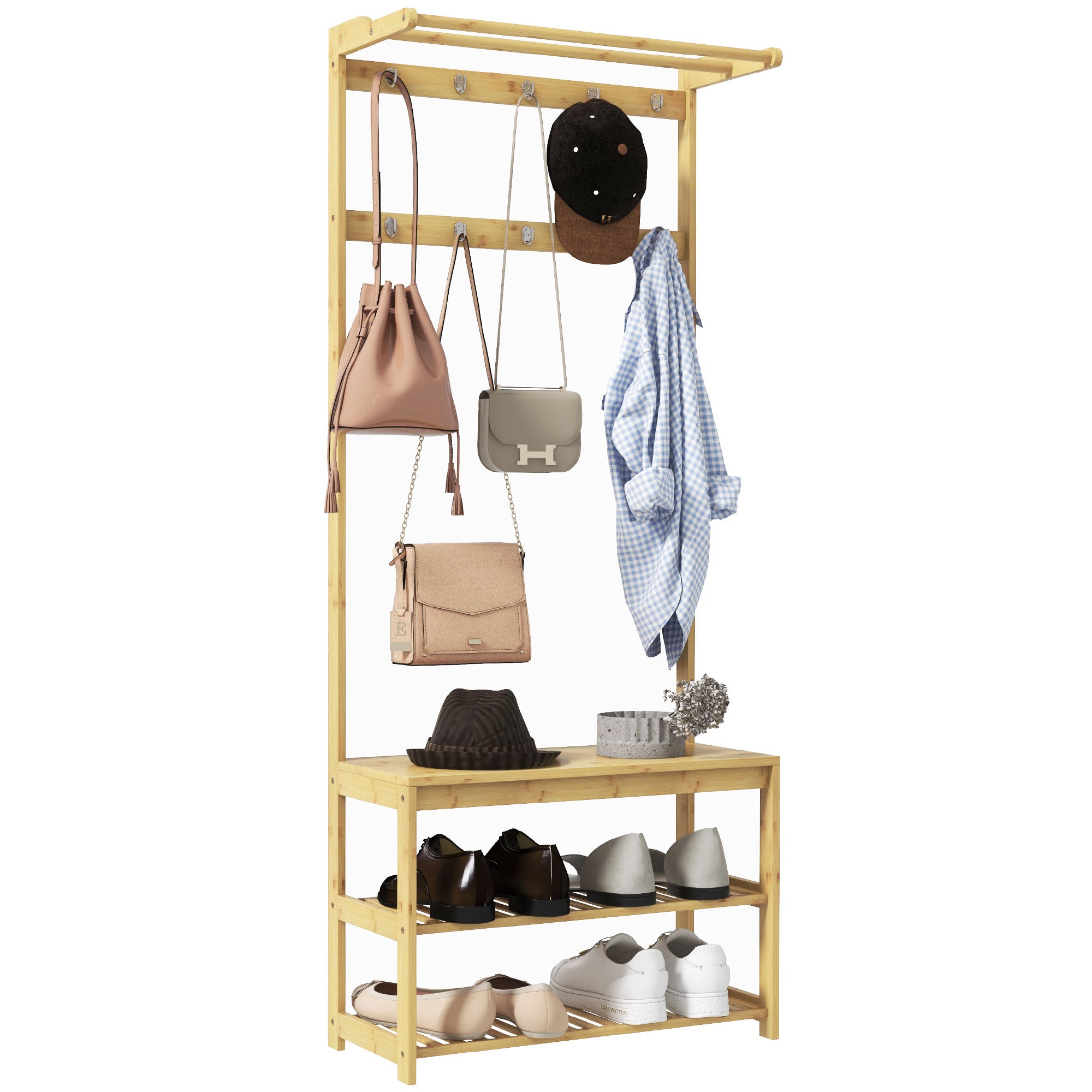 3 in 1 Bamboo Coat Rack with 10 Hooks, 2 Rods and Shoe Bench, 70x31x170 cm, Brown