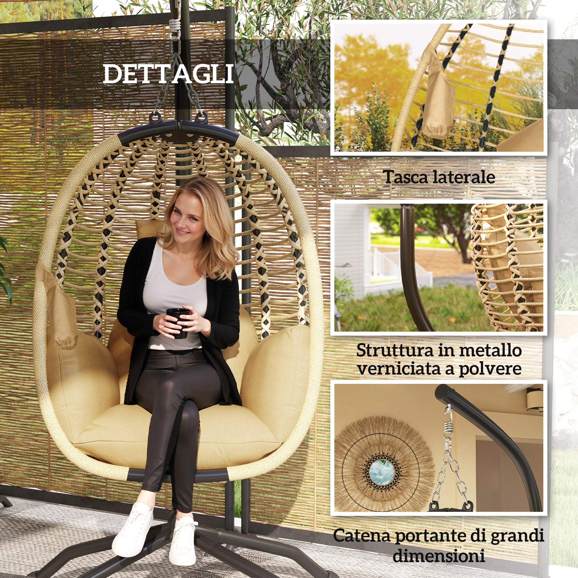 Outsunny Hanging Chair with Padded Cushion, Folding Seat and Steel and Rope Frame, Beige