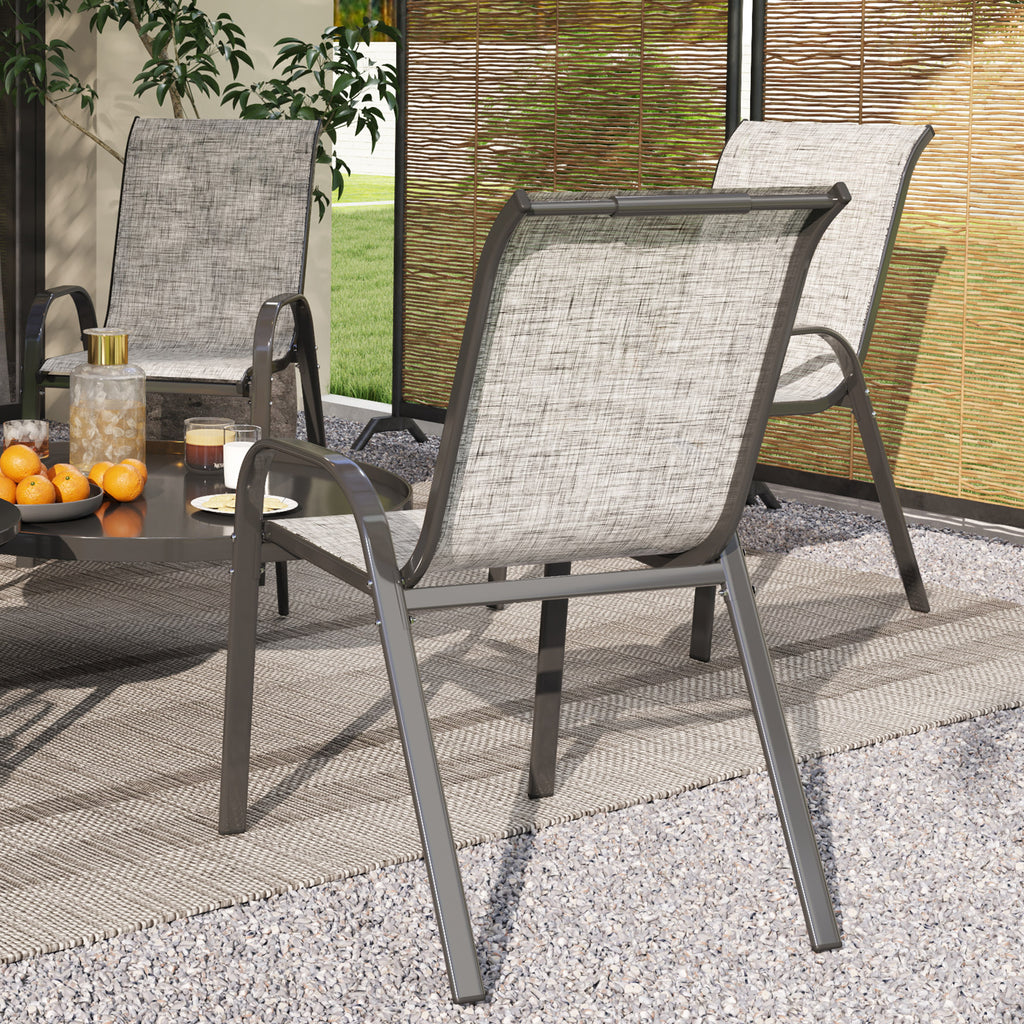 Outsunny Set of 4 Stackable Garden Chairs with Curved Armrests, in Steel and Breathable Fabric, 54x71x93 cm, Grey