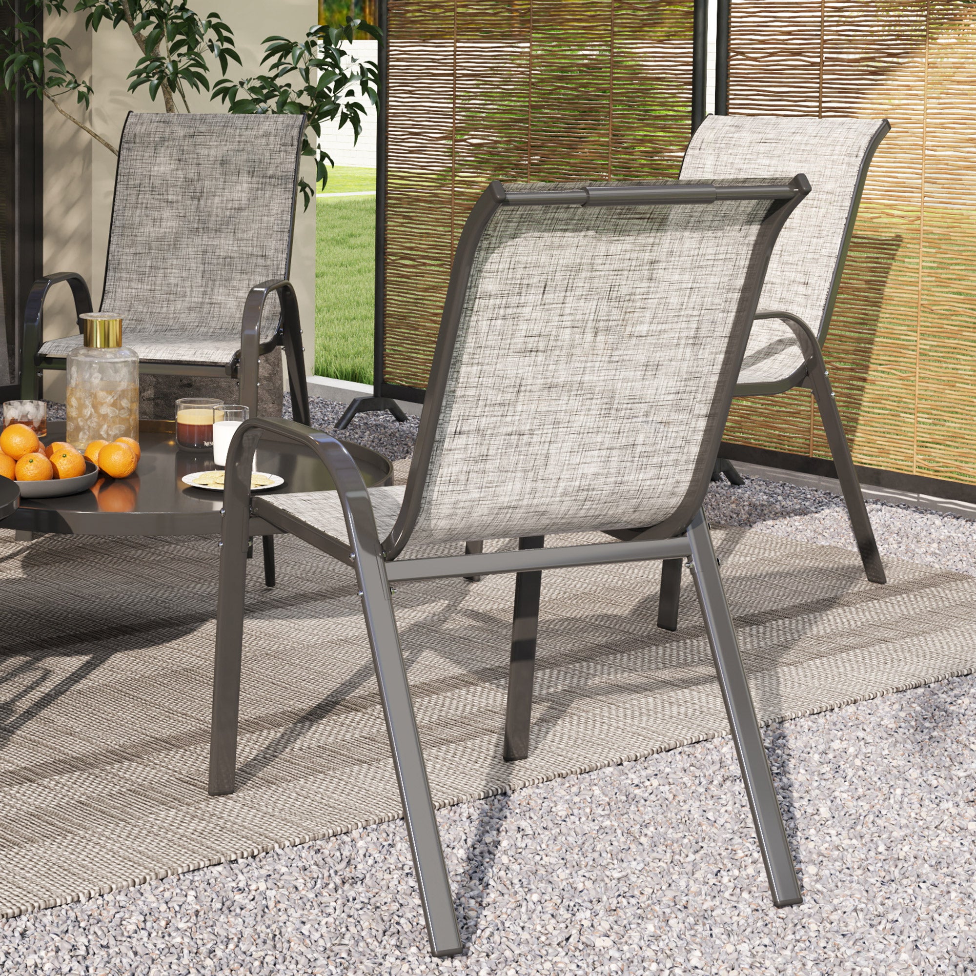 Outsunny Set of 4 Stackable Garden Chairs with Curved Armrests, in Steel and Breathable Fabric, 54x71x93 cm, Grey