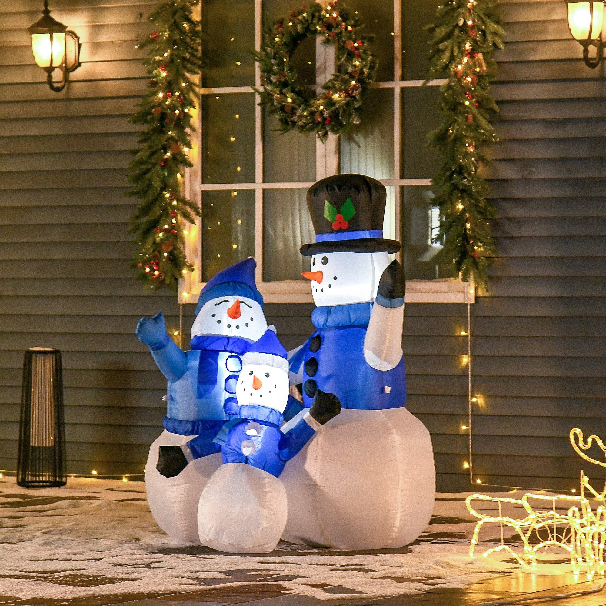 Outdoor Inflatable Snowmen 120cm, Luminous, Waterproof Christmas Decoration with Pegs and Ropes, White Blue
