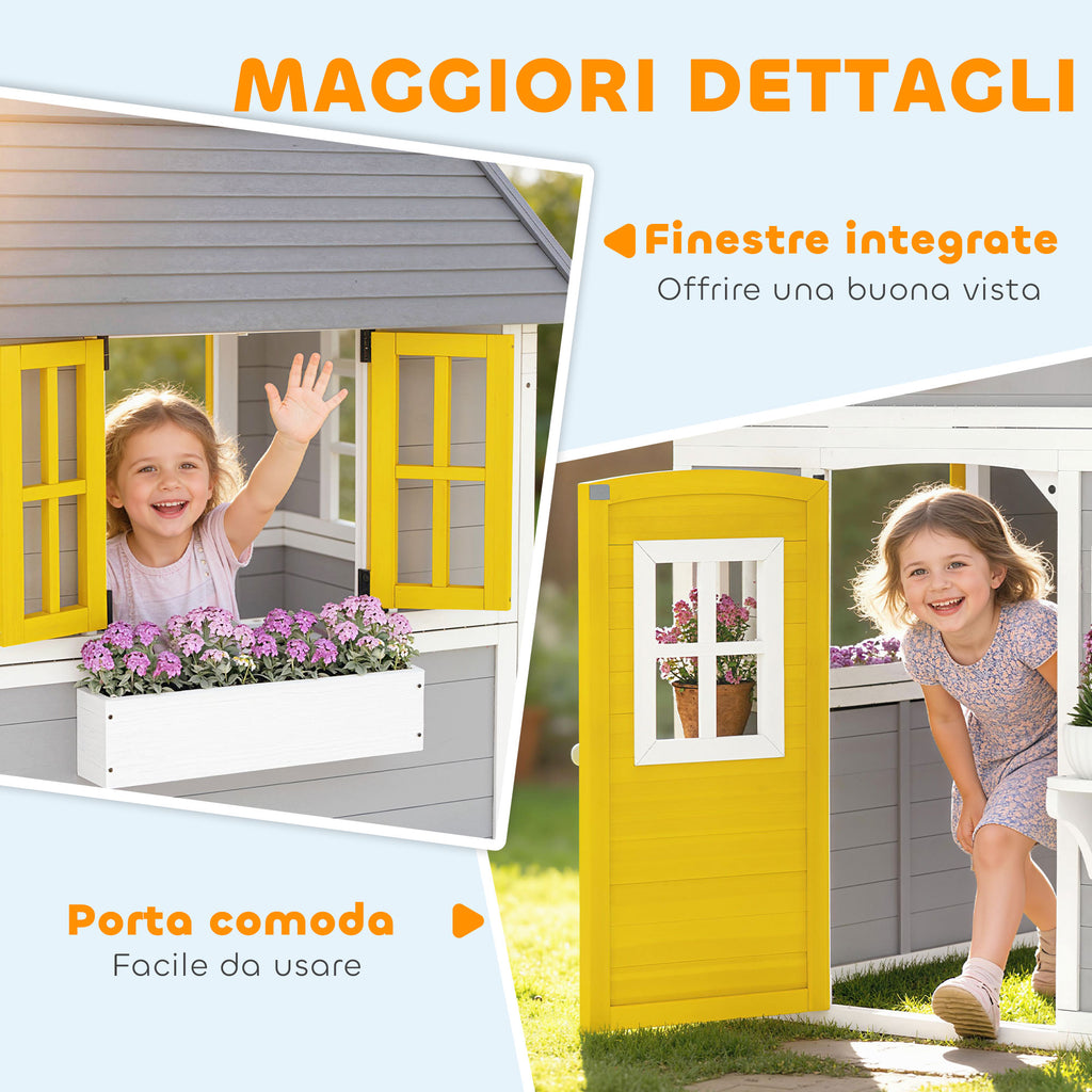 Outsunny Wooden Garden Playhouse for Children Ages 3-8 with Windows, Sloped Roof, Pots and Planters, Grey